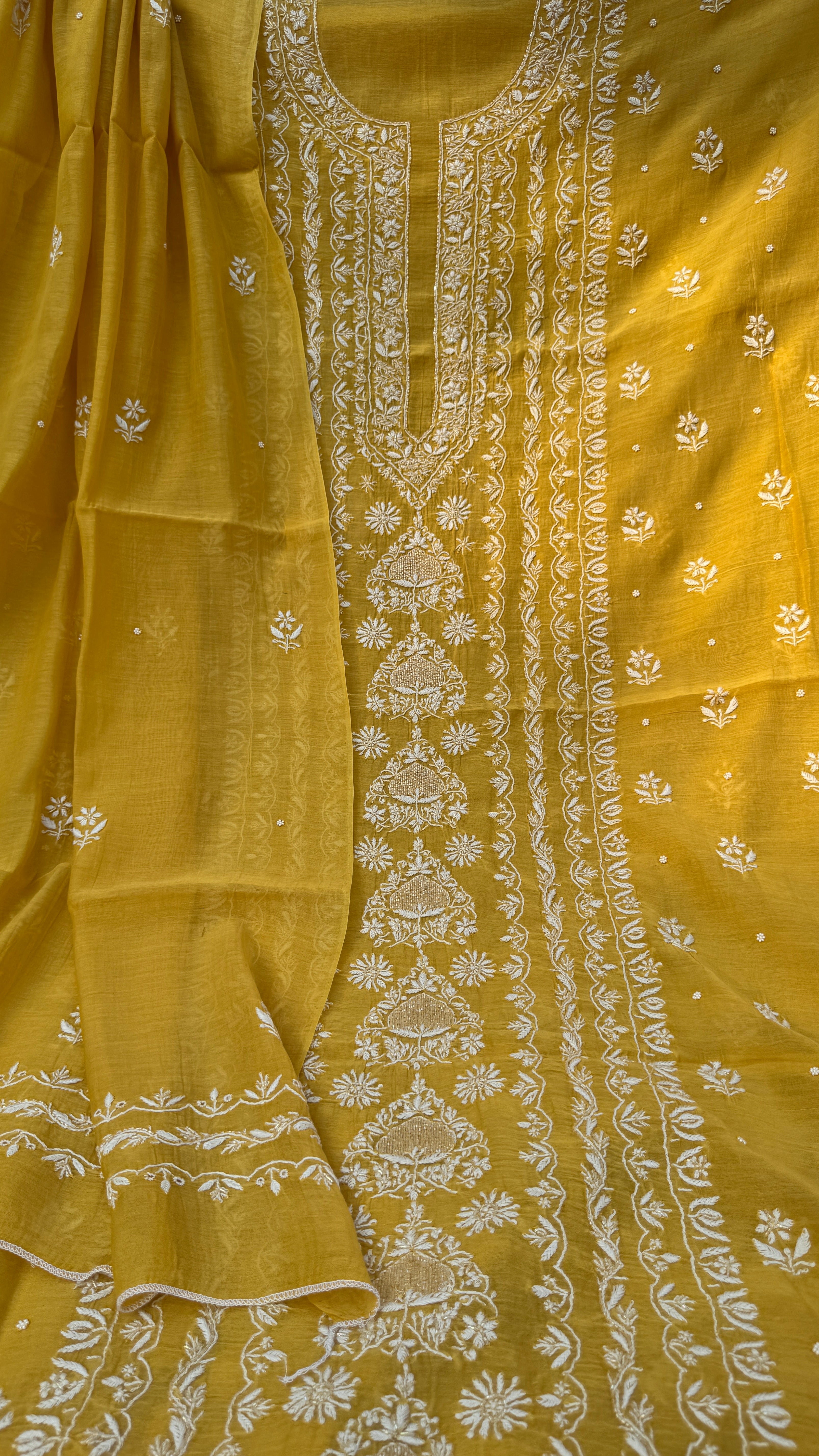 Mul Chanderi Chikankari Unstitched Length with Dupatta - Yellow