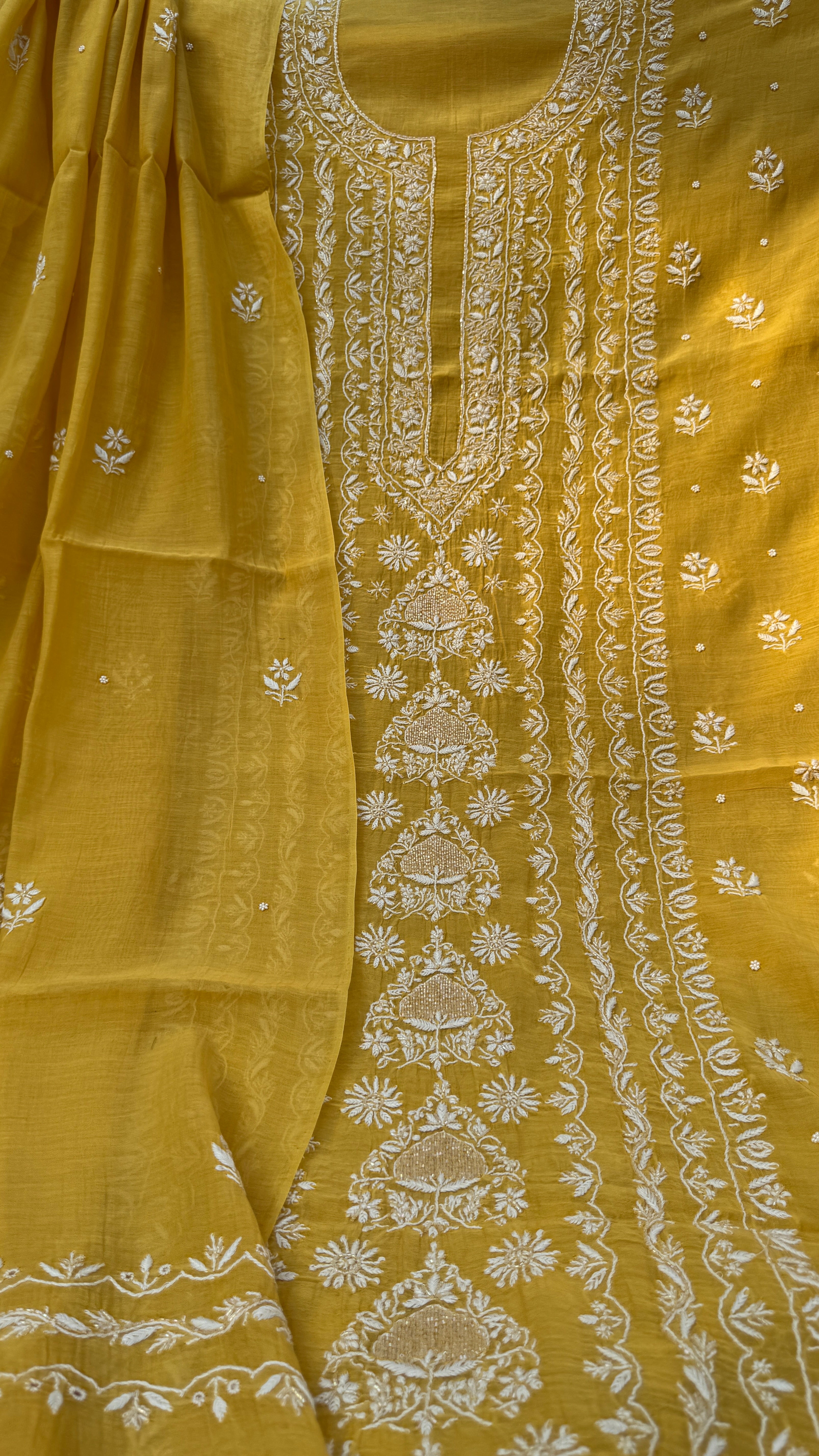 Mul Chanderi Chikankari Unstitched Length with Dupatta - Yellow