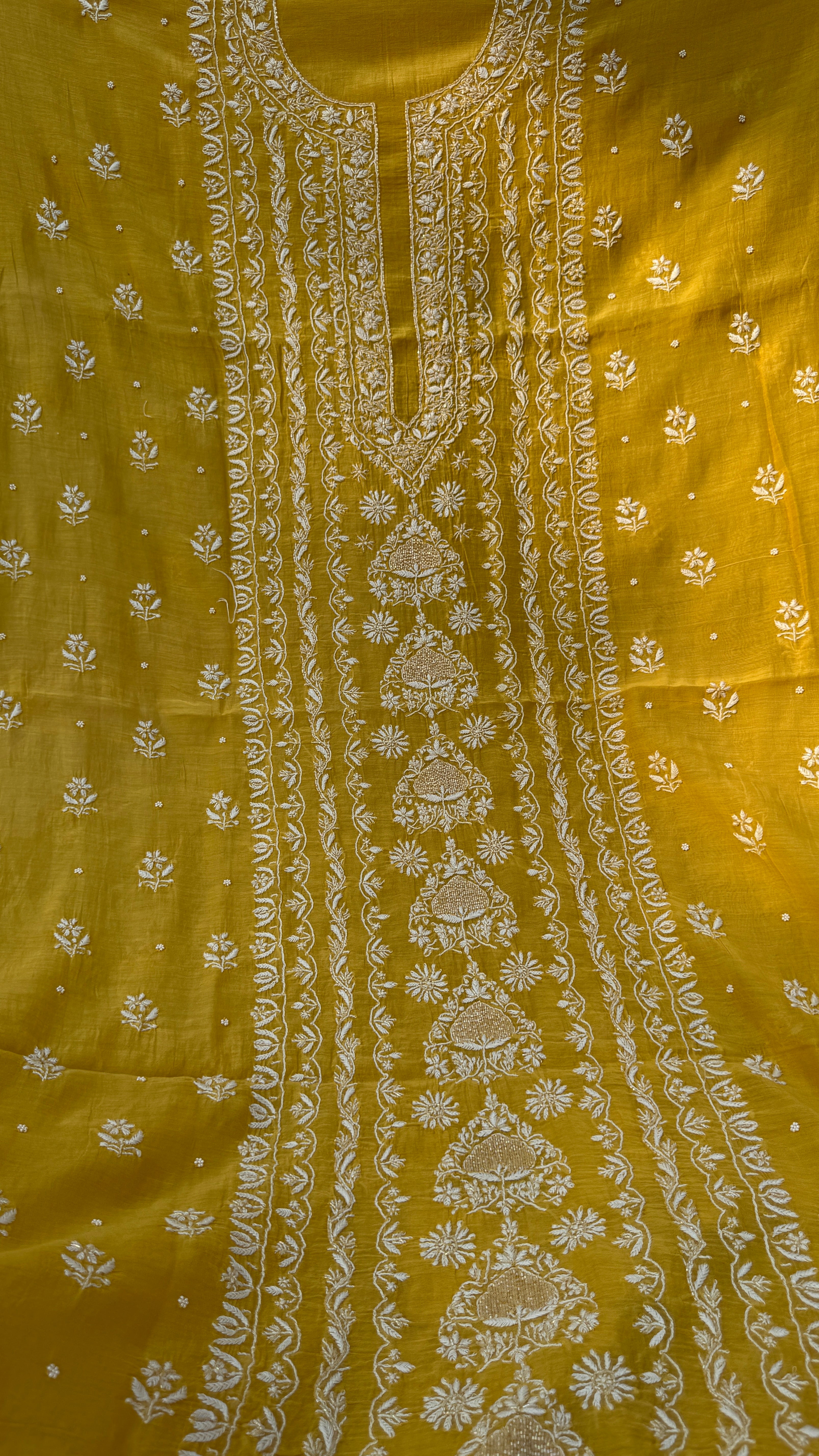 Mul Chanderi Chikankari Unstitched Length with Dupatta - Yellow