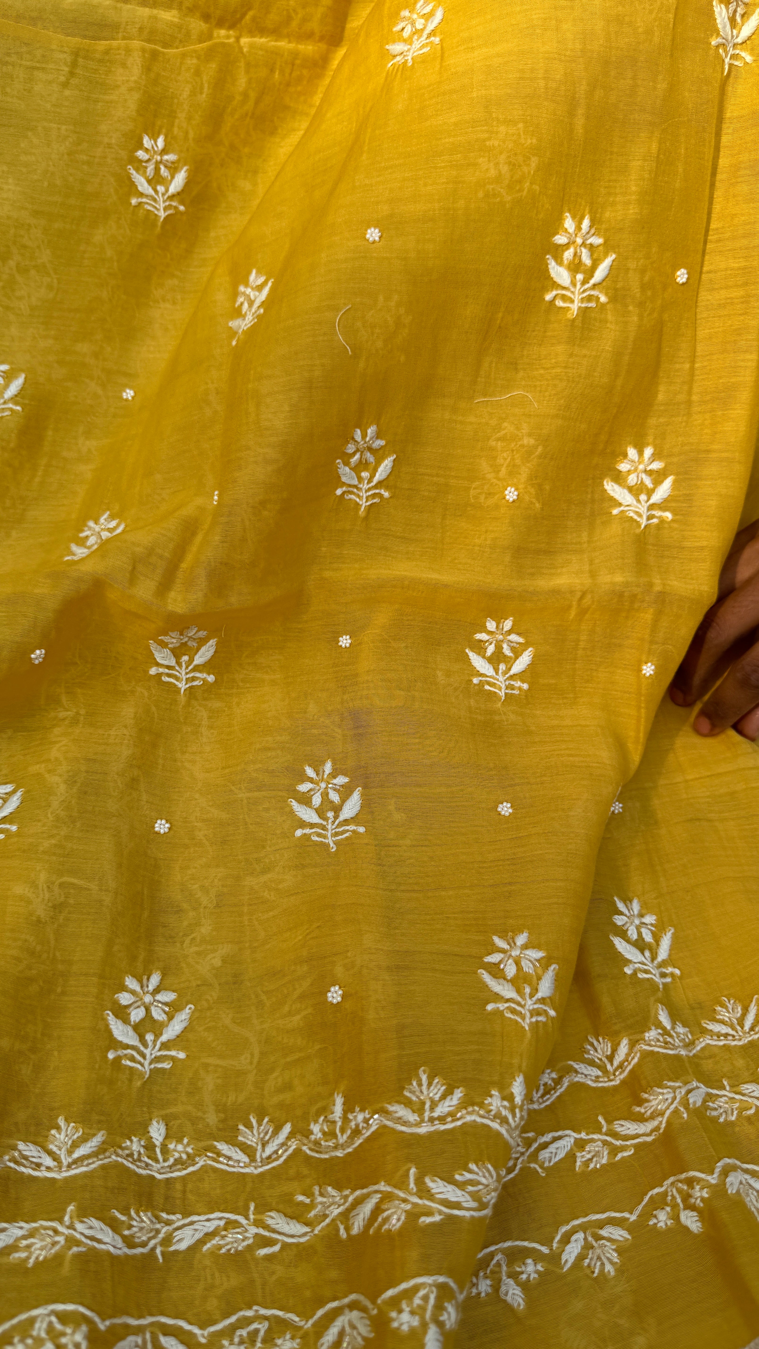 Mul Chanderi Chikankari Unstitched Length with Dupatta - Yellow