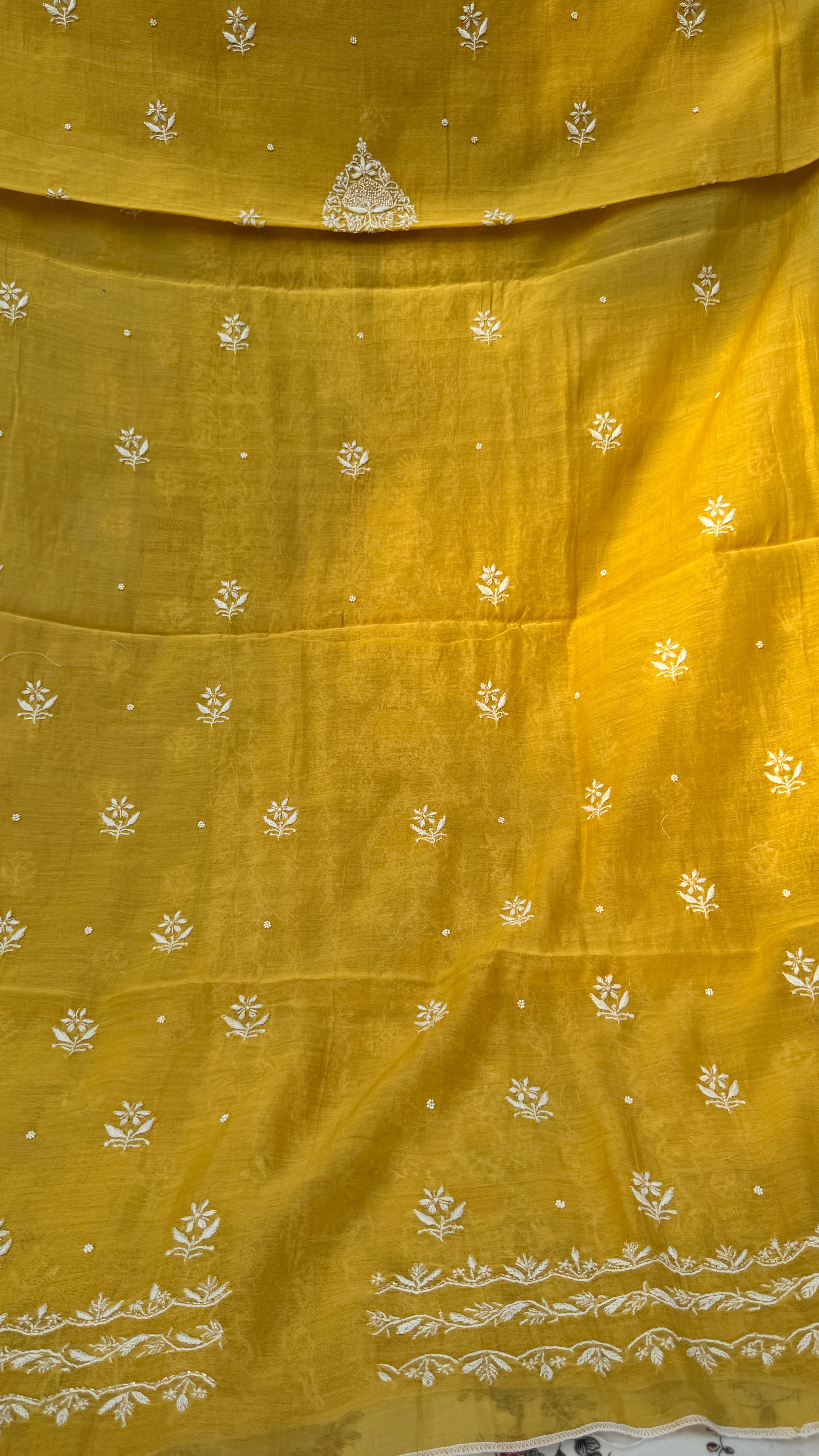 Mul Chanderi Chikankari Unstitched Length with Dupatta - Yellow