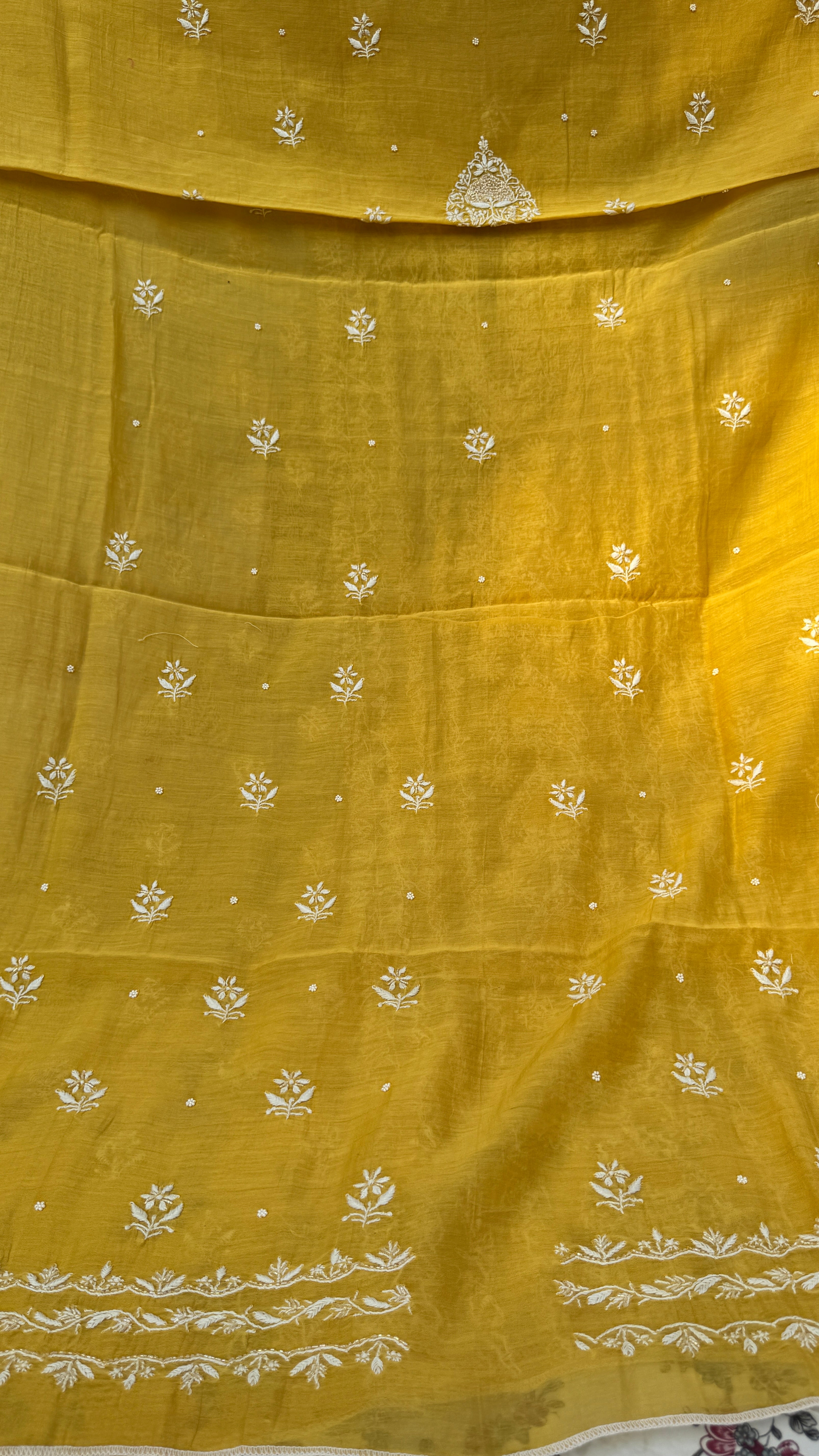 Mul Chanderi Chikankari Unstitched Length with Dupatta - Yellow