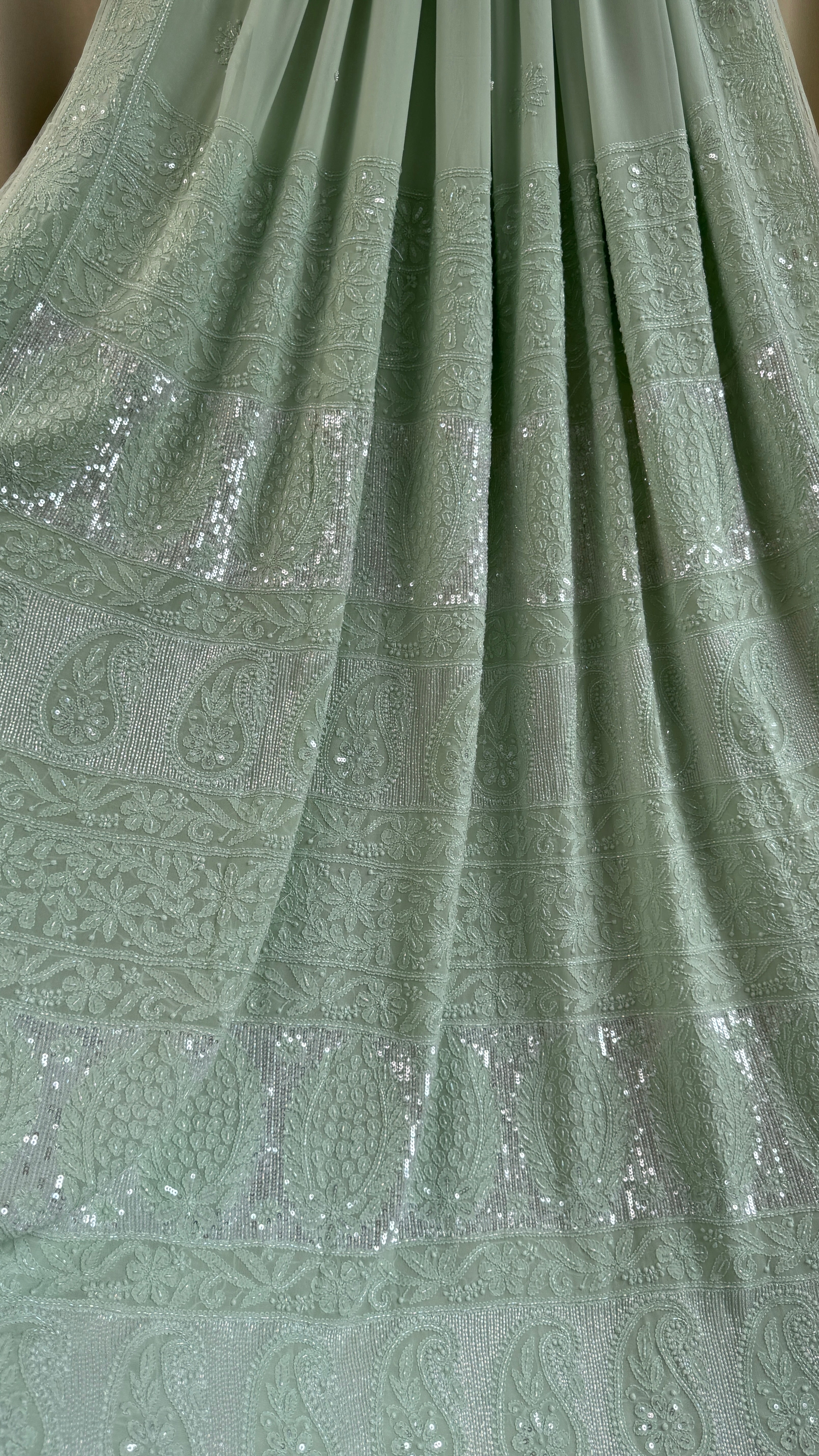 Chikankari saree with Pearl embellishments-Green- Ariaa Chikankari
