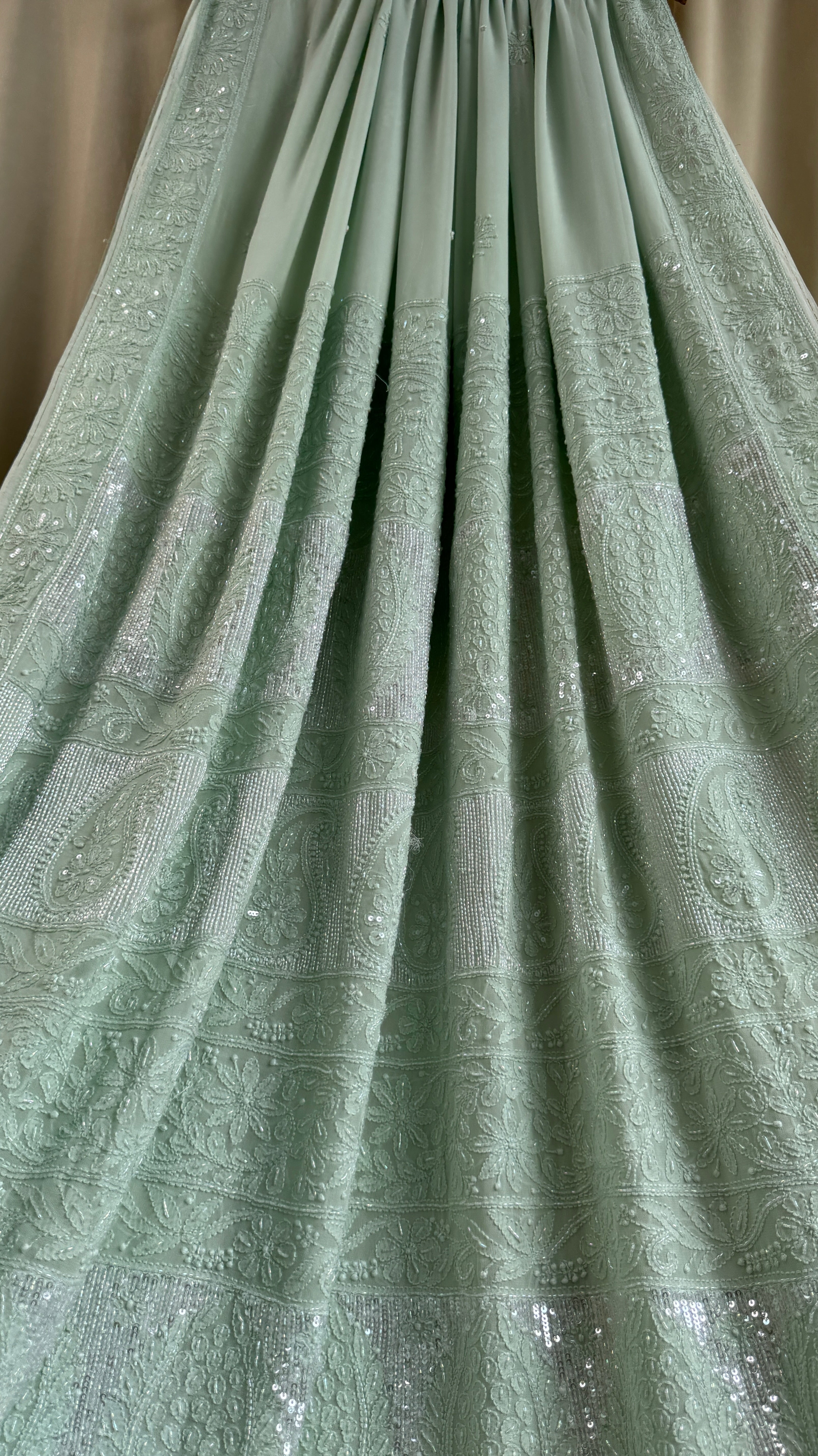 Chikankari saree with Pearl embellishments-Green- Ariaa Chikankari