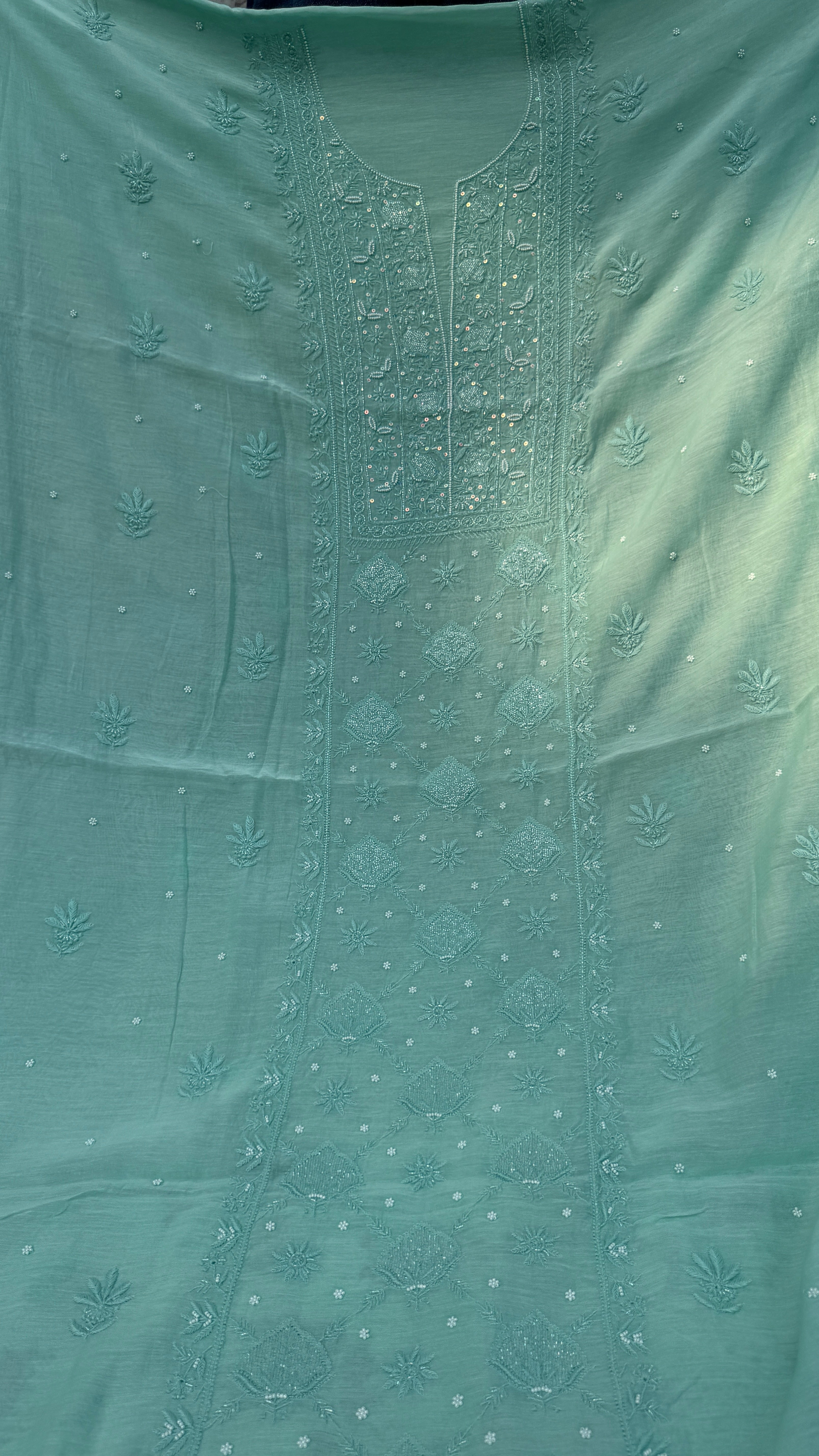 Mul Chanderi Chikankari - Heavy Unstitched Set - Green