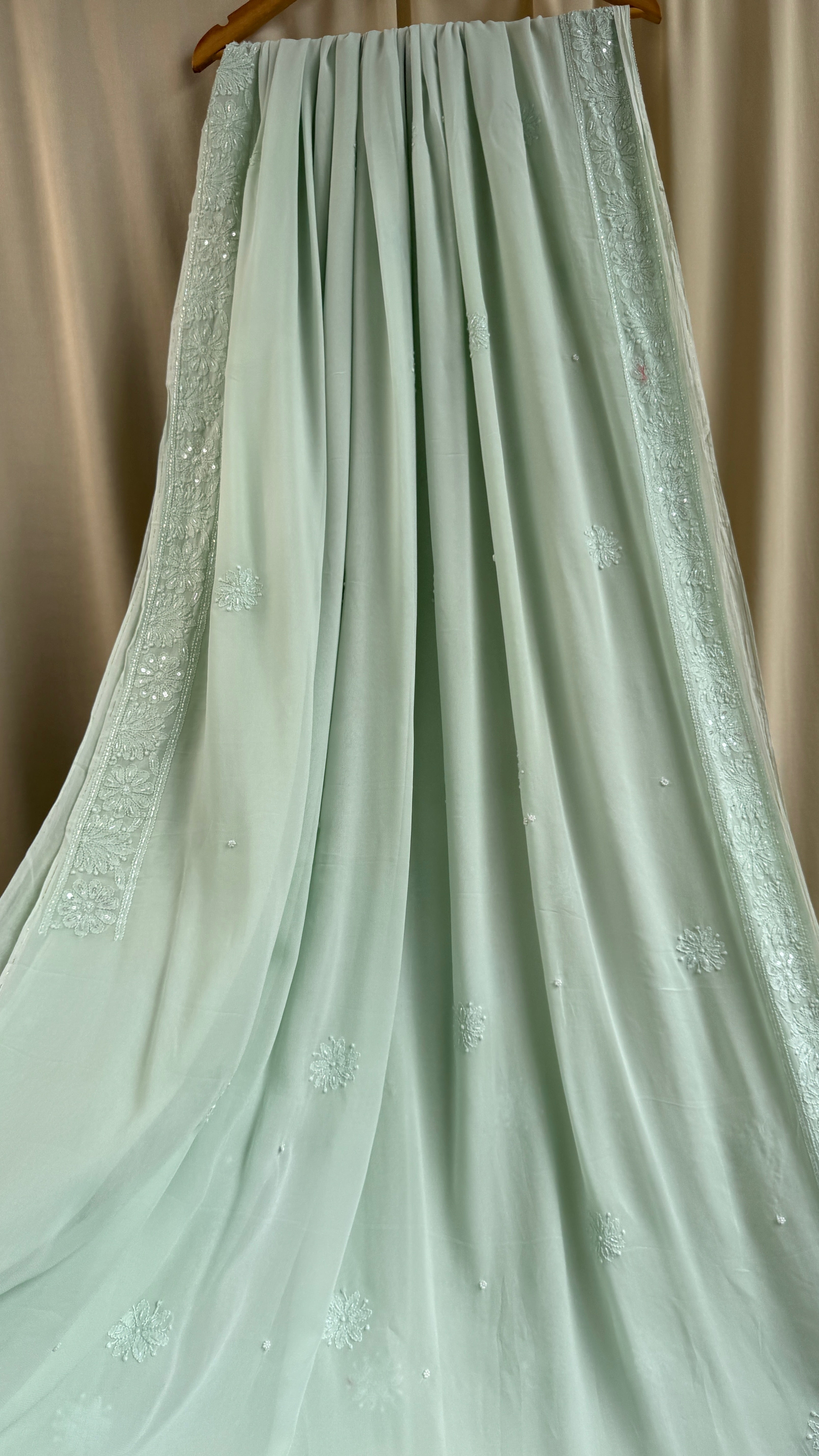 Chikankari saree with Pearl embellishments-Green- Ariaa Chikankari