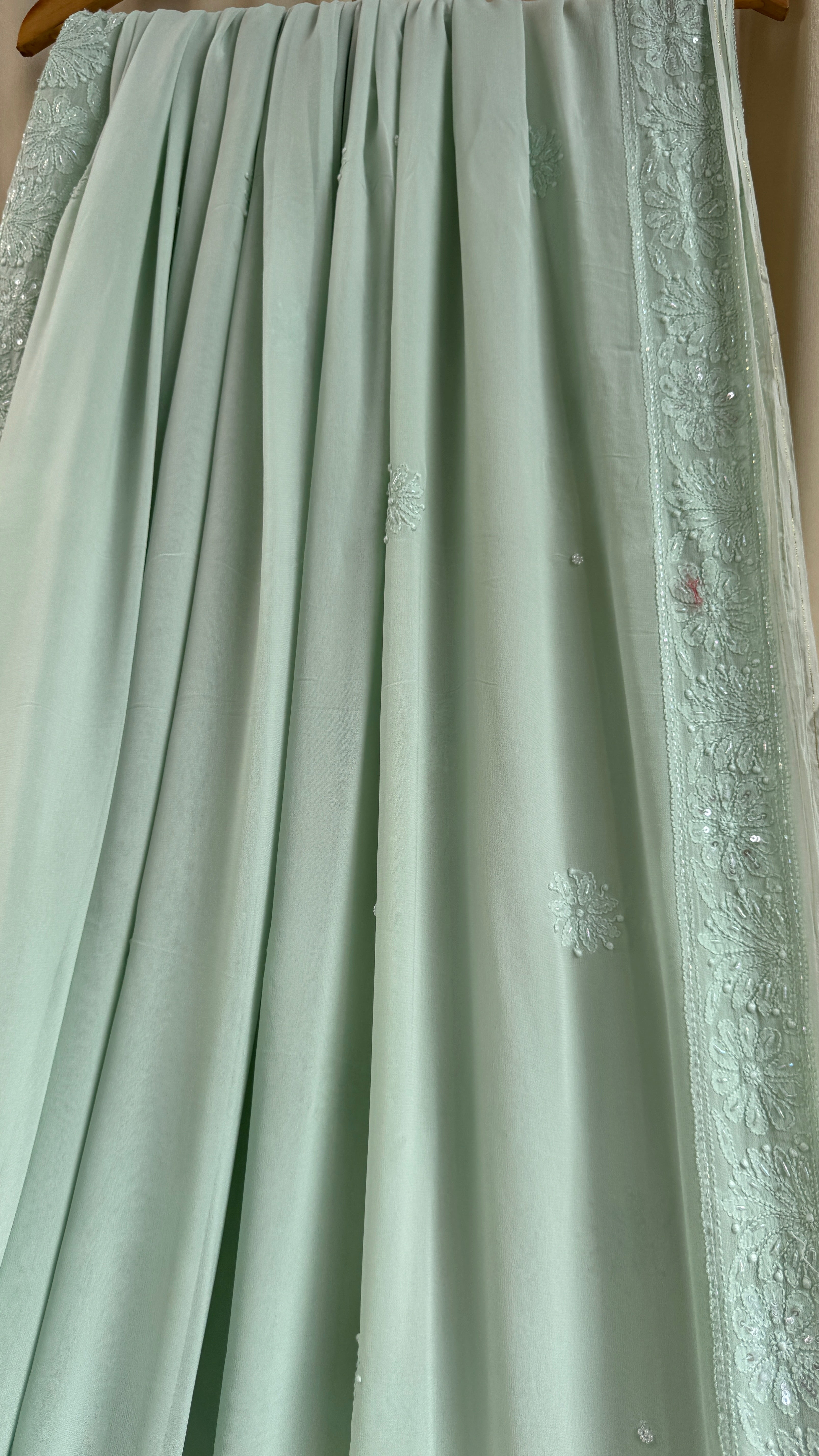 Chikankari saree with Pearl embellishments-Green- Ariaa Chikankari