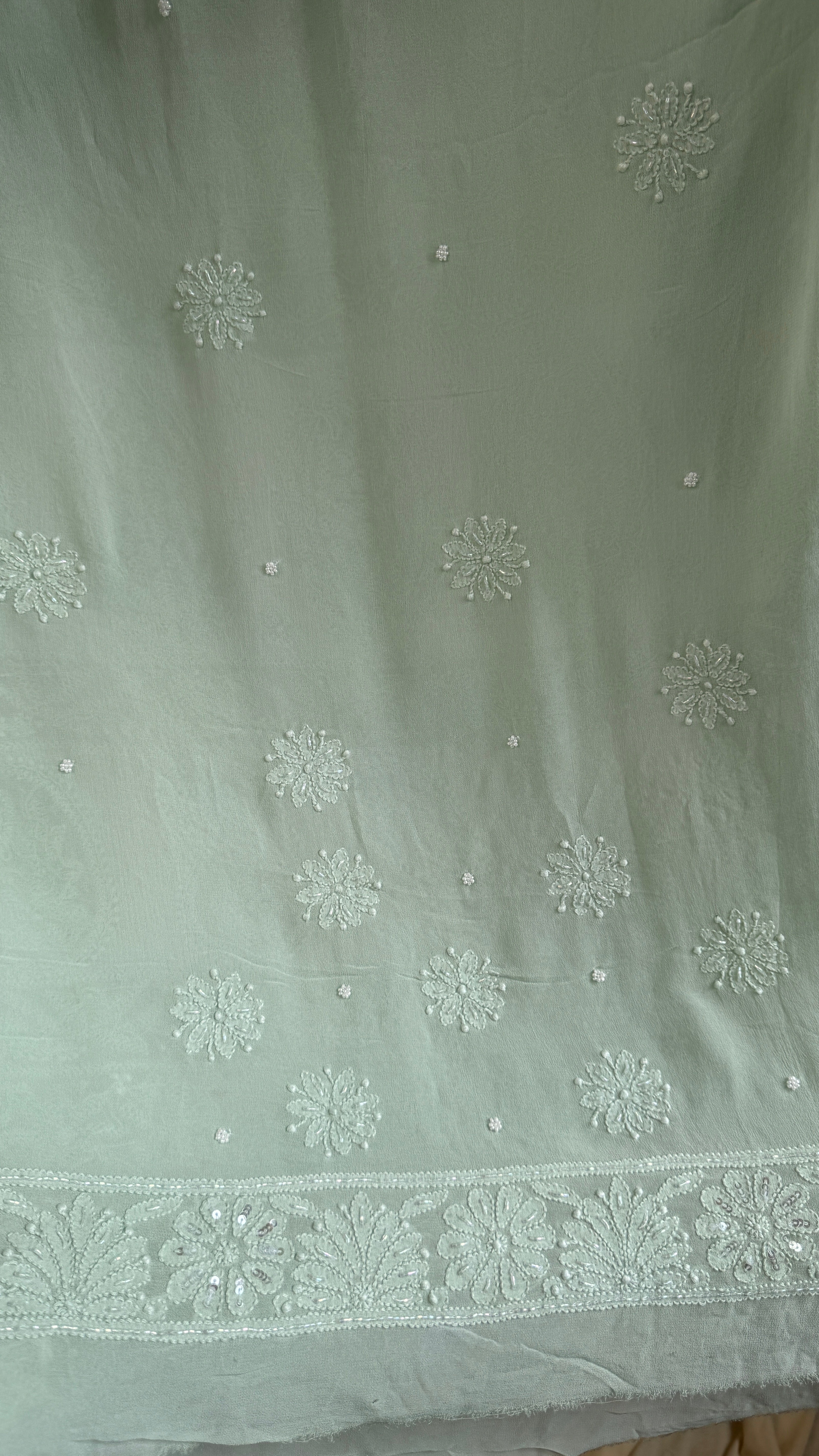 Chikankari saree with Pearl embellishments-Green- Ariaa Chikankari
