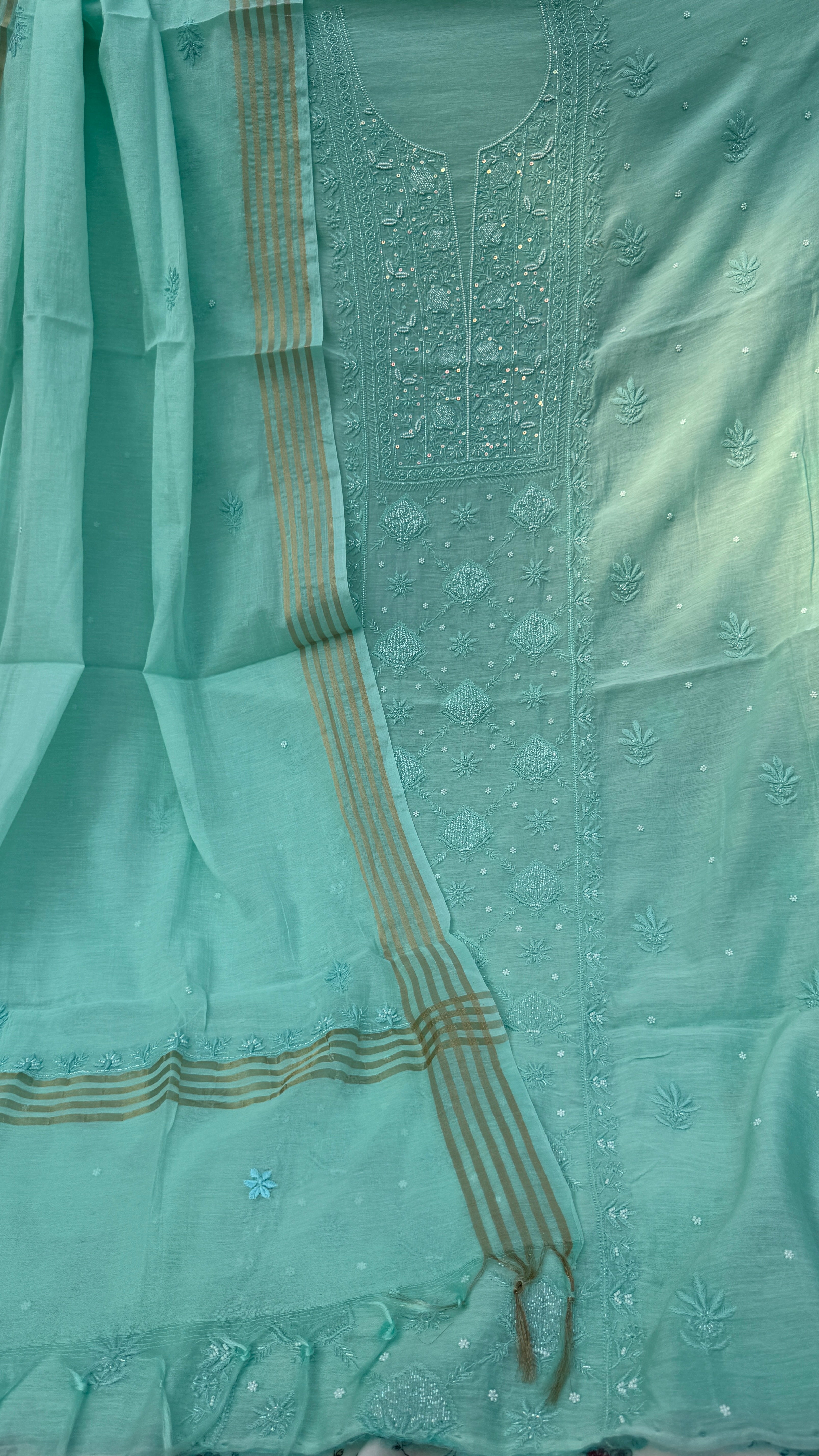 Mul Chanderi Chikankari - Heavy Unstitched Set - Green