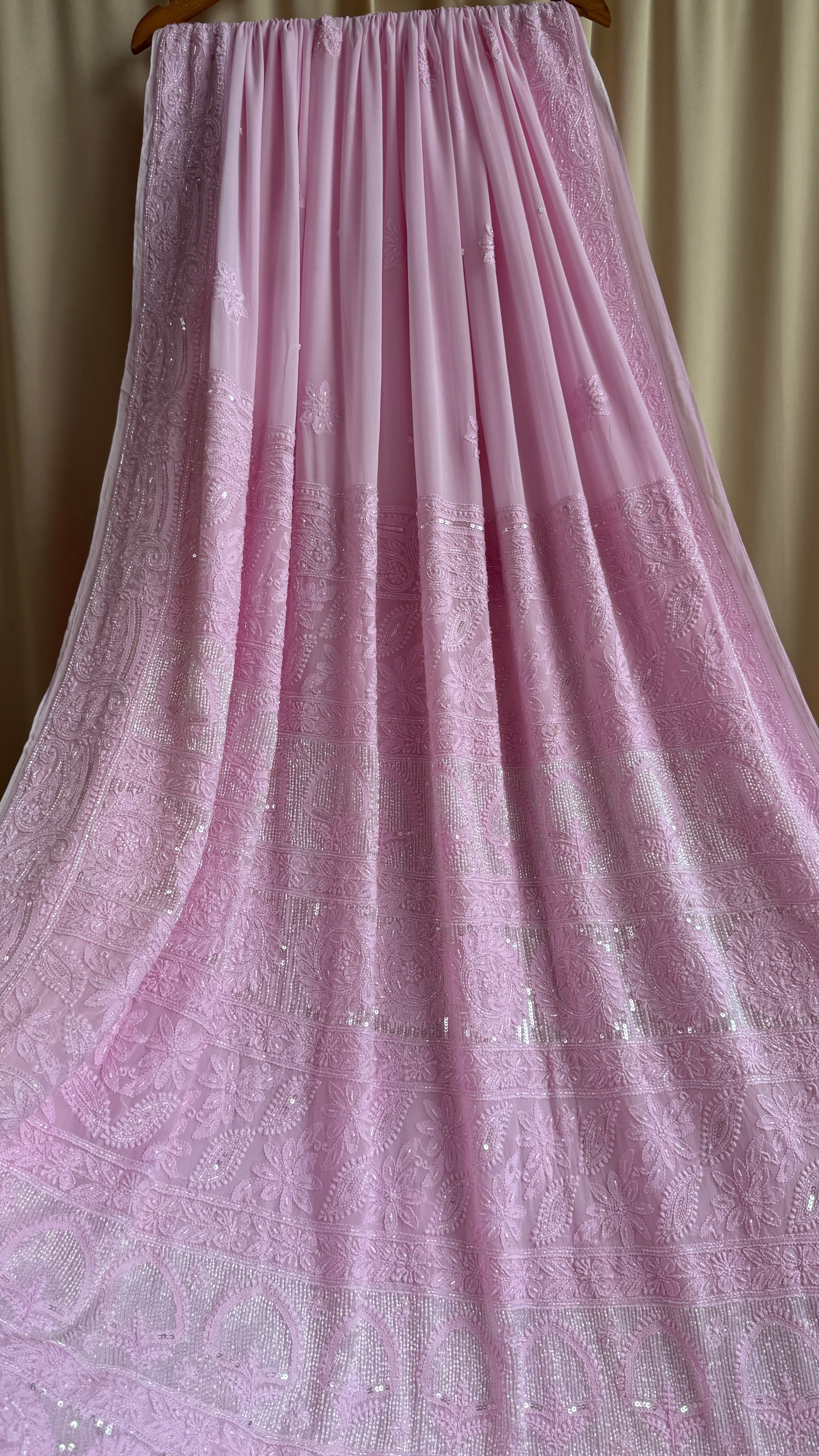 Viscose Chikankari saree with Pearl embellishments - Pink