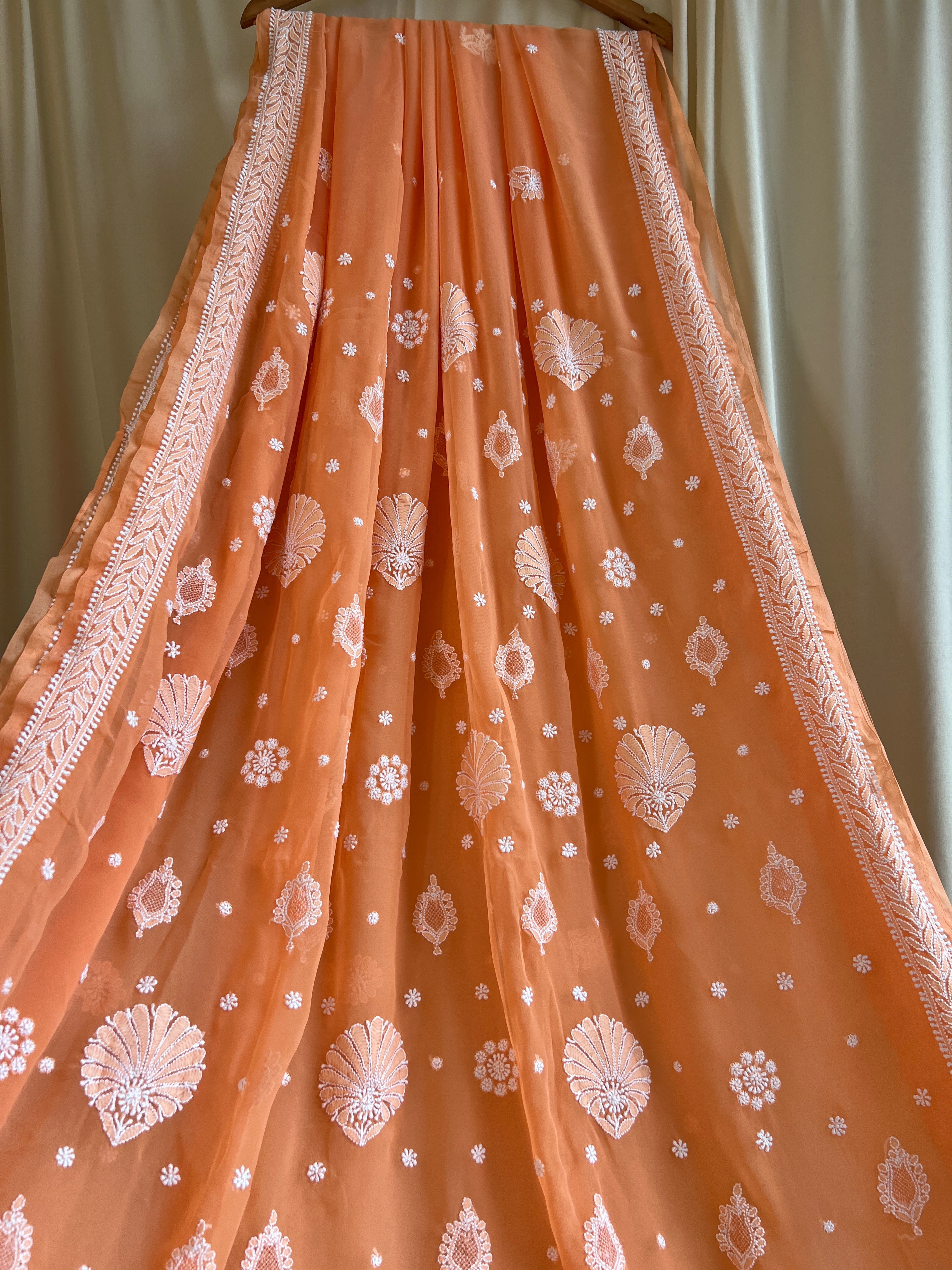 Georgette Chikankari saree in Sunset Orange ARIAA CHIKANKARI 