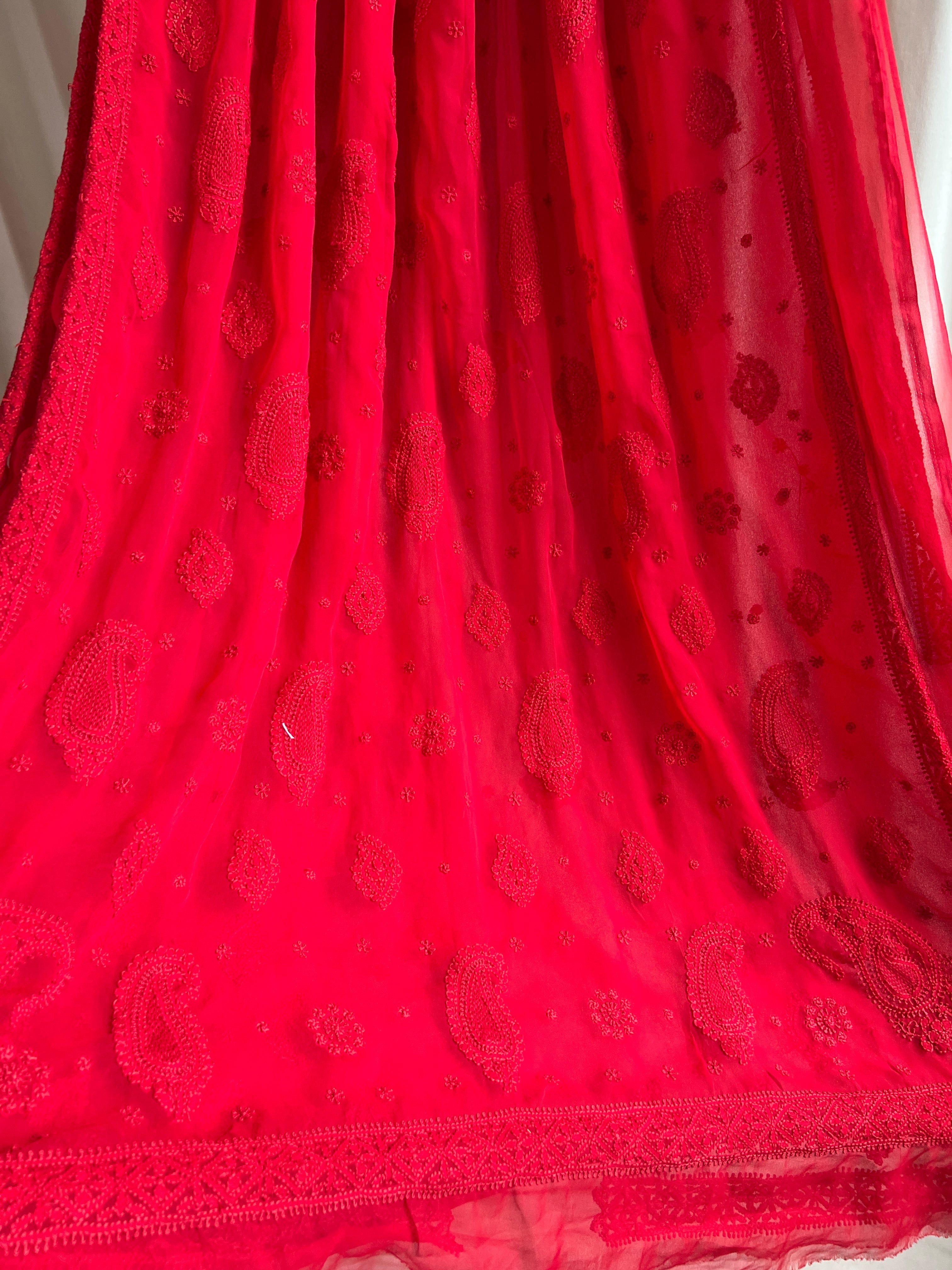 Georgette Chikankari saree in Red ARIAA CHIKANKARI 