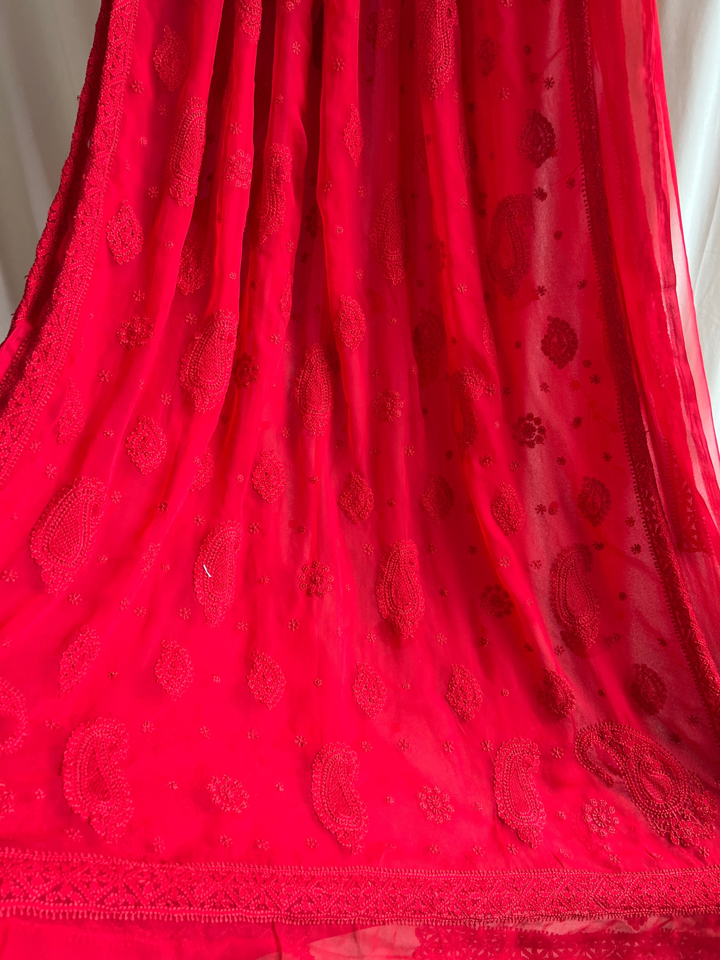 Georgette Chikankari saree in Red ARIAA CHIKANKARI 