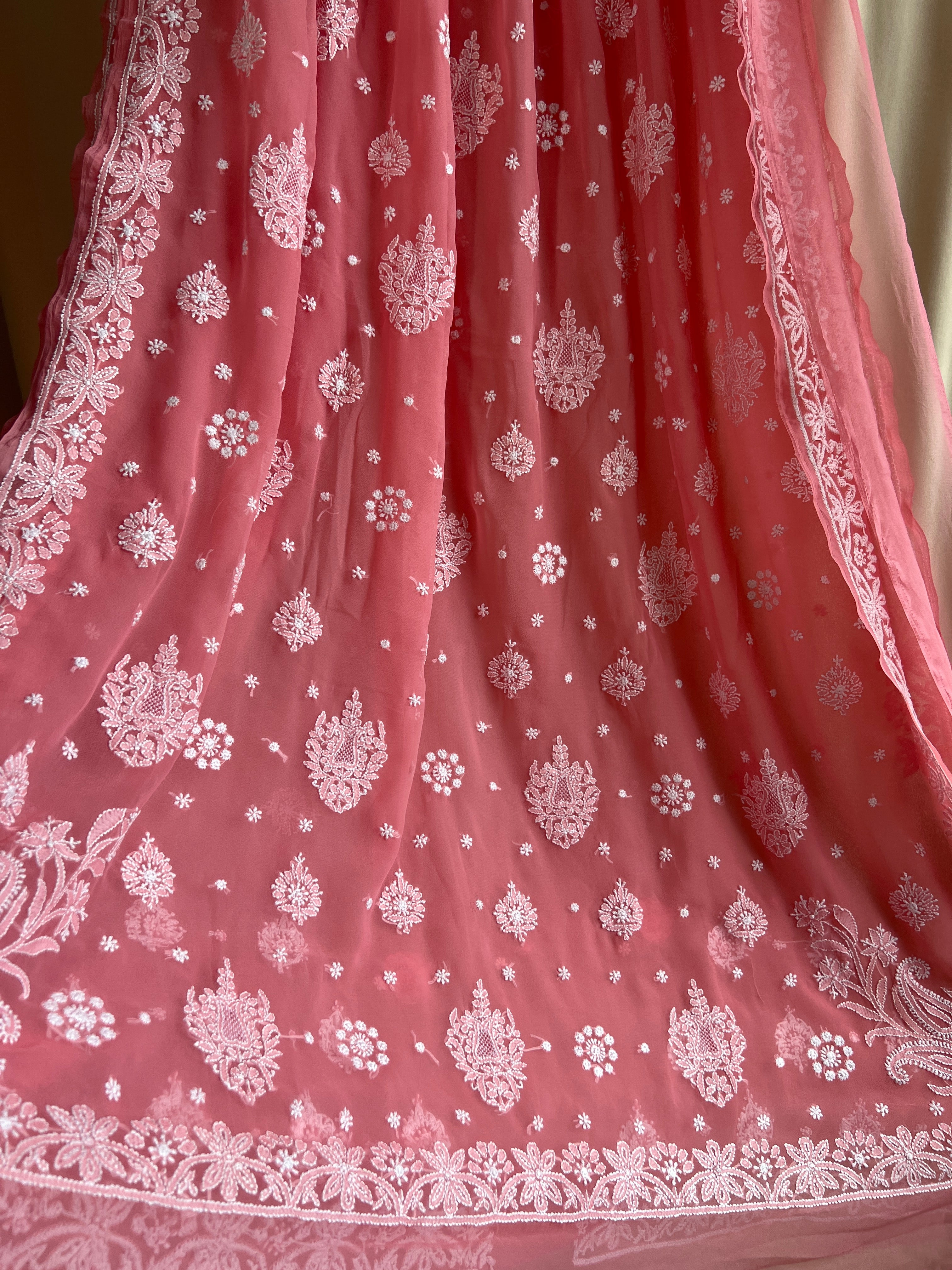 Georgette Chikankari saree in Carrot Pink ARIAA CHIKANKARI 
