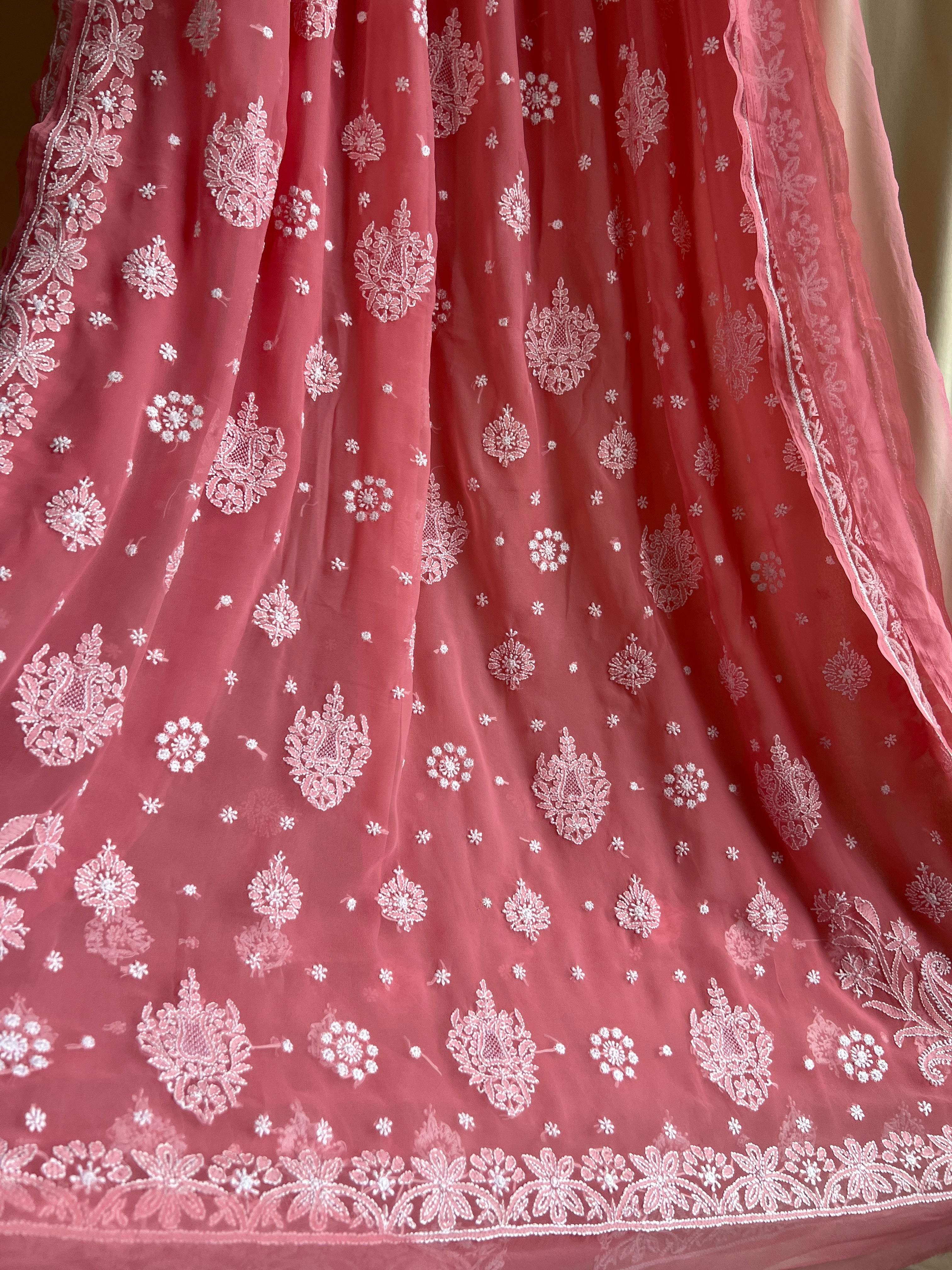 Georgette Chikankari saree in Carrot Pink ARIAA CHIKANKARI 