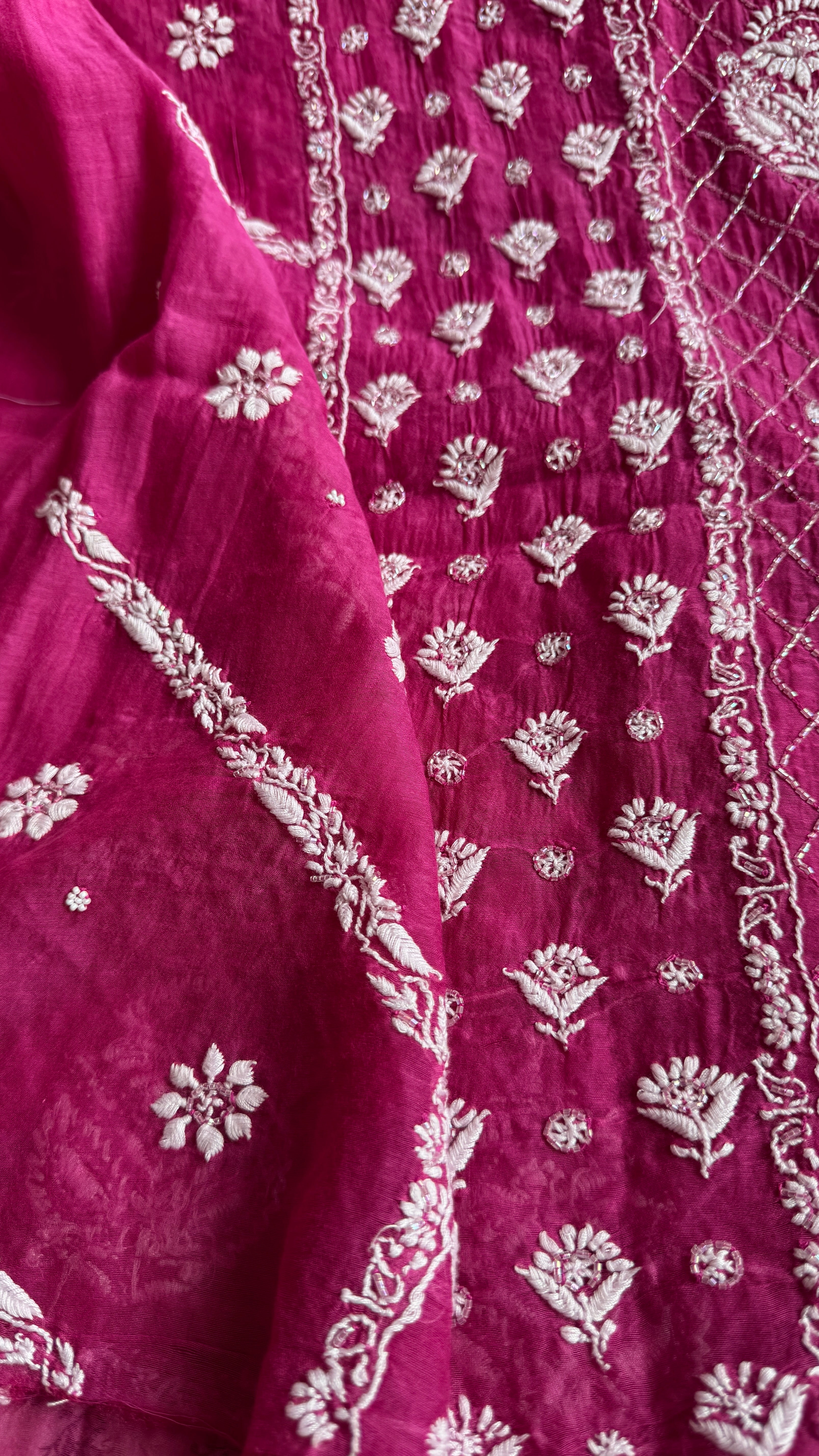 Mul Chanderi Chikankari - Heavy Unstitched Set - Berry Pink