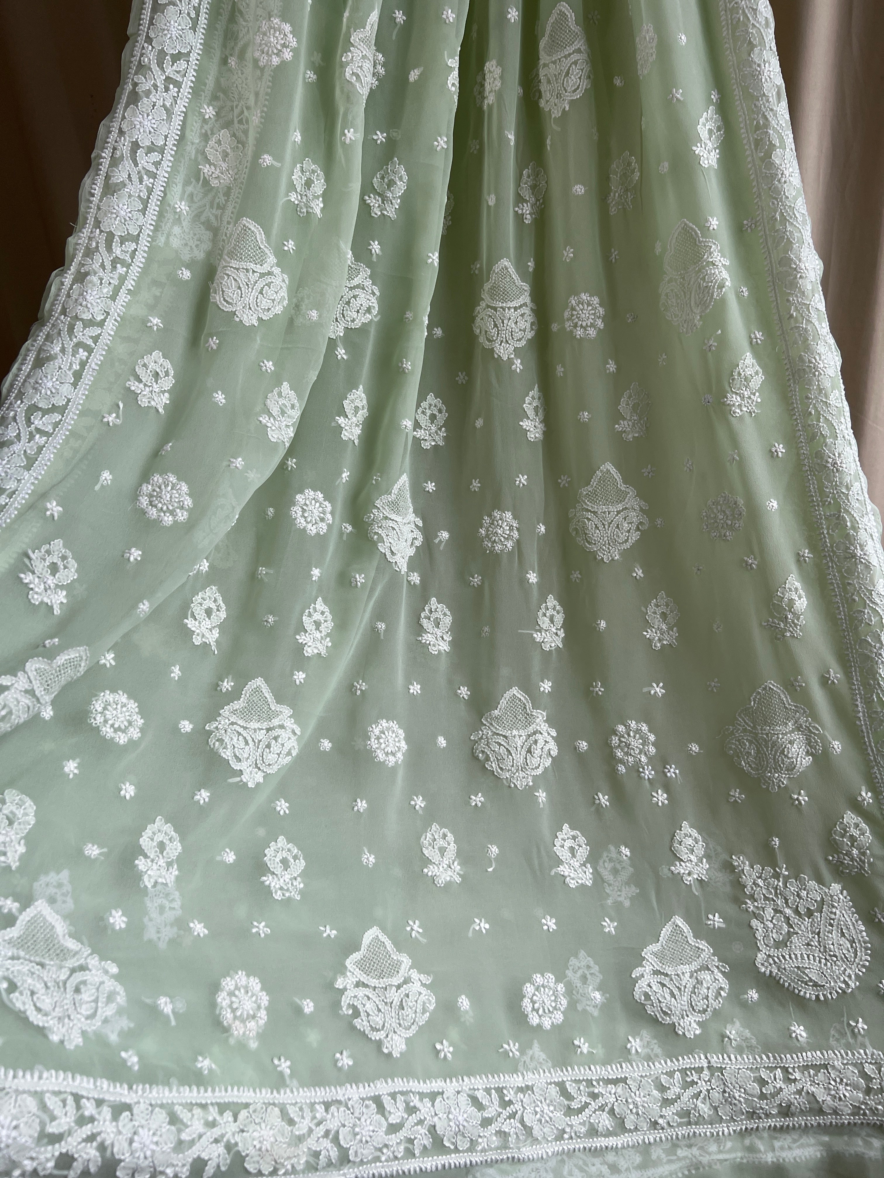 Georgette Chikankari saree in Pistachio ARIAA CHIKANKARI 