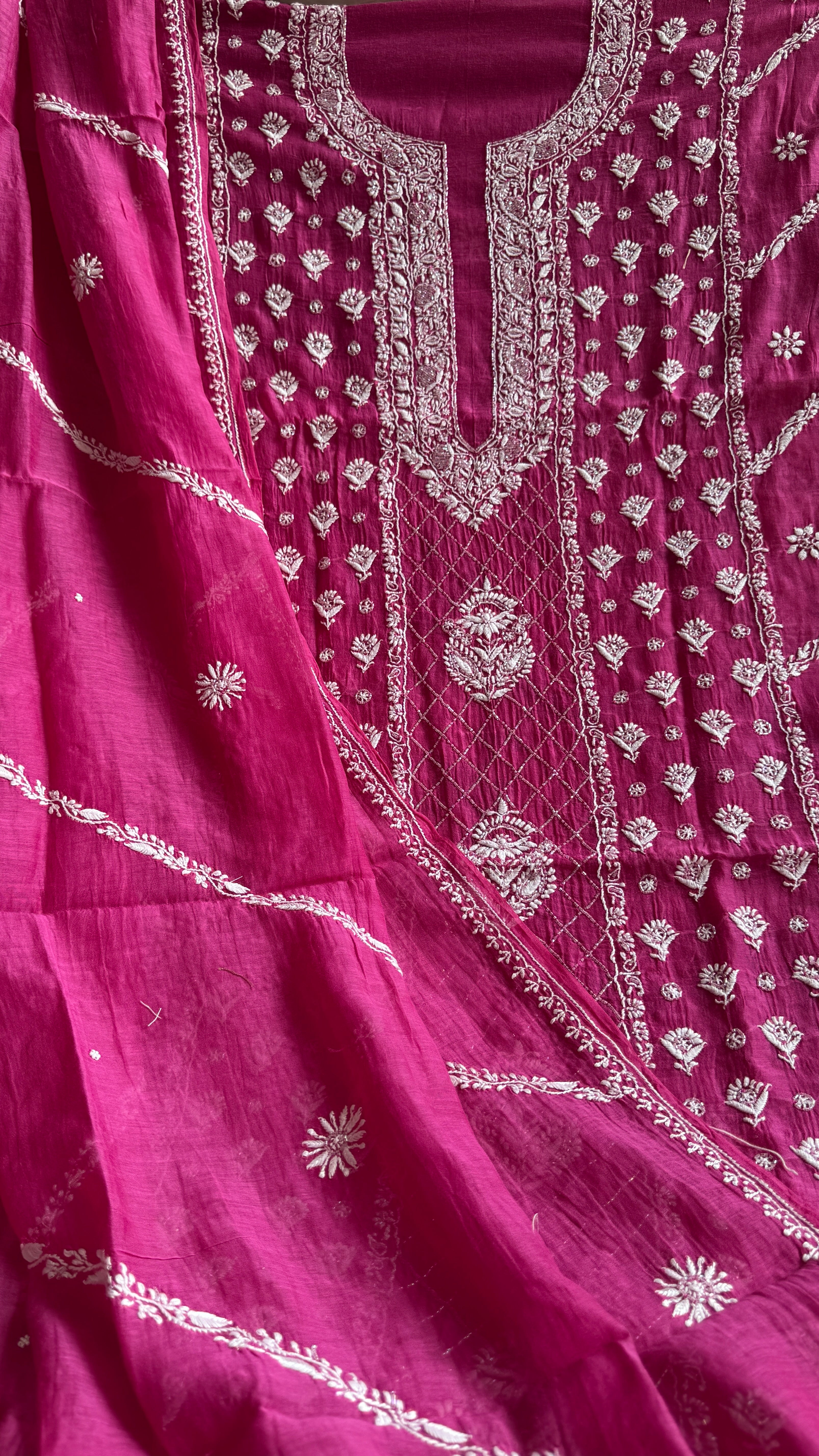 Mul Chanderi Chikankari - Heavy Unstitched Set - Berry Pink