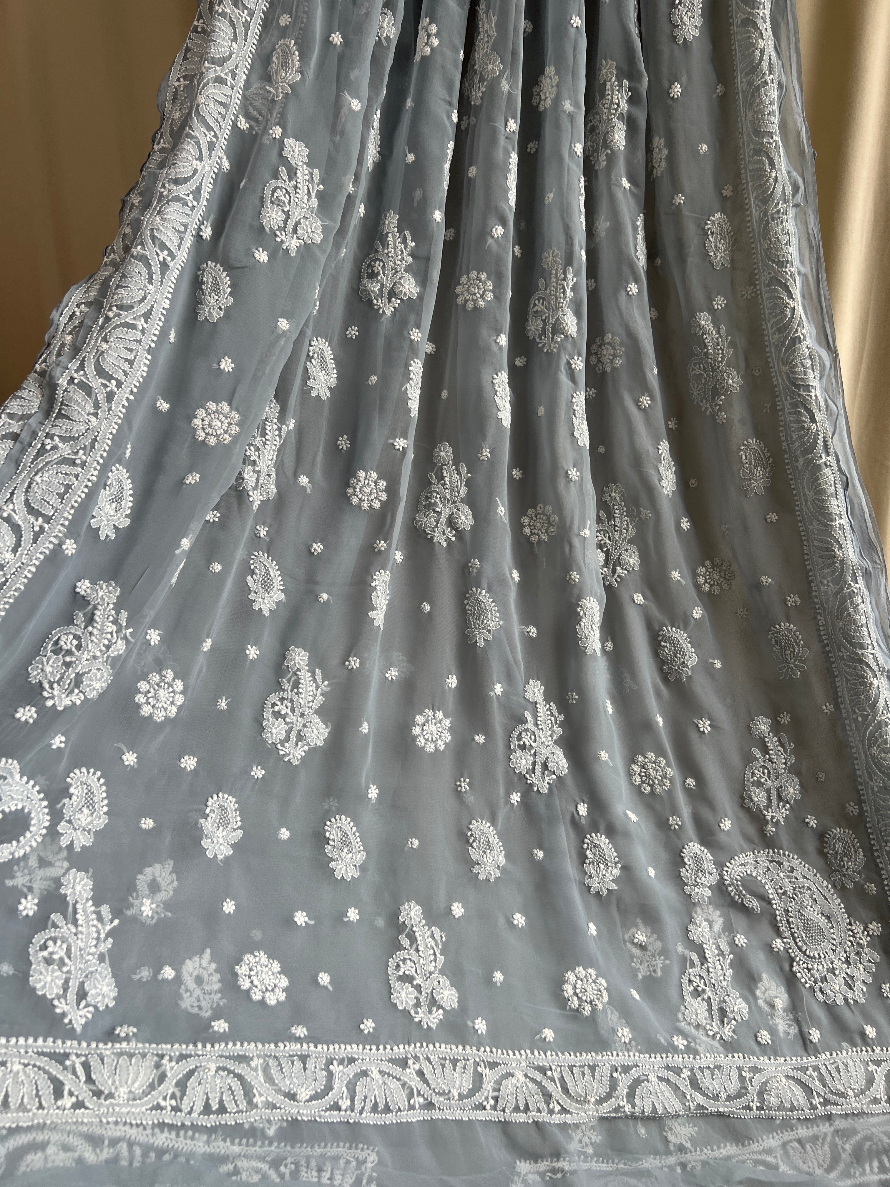 Georgette Chikankari saree in Grey ARIAA CHIKANKARI 
