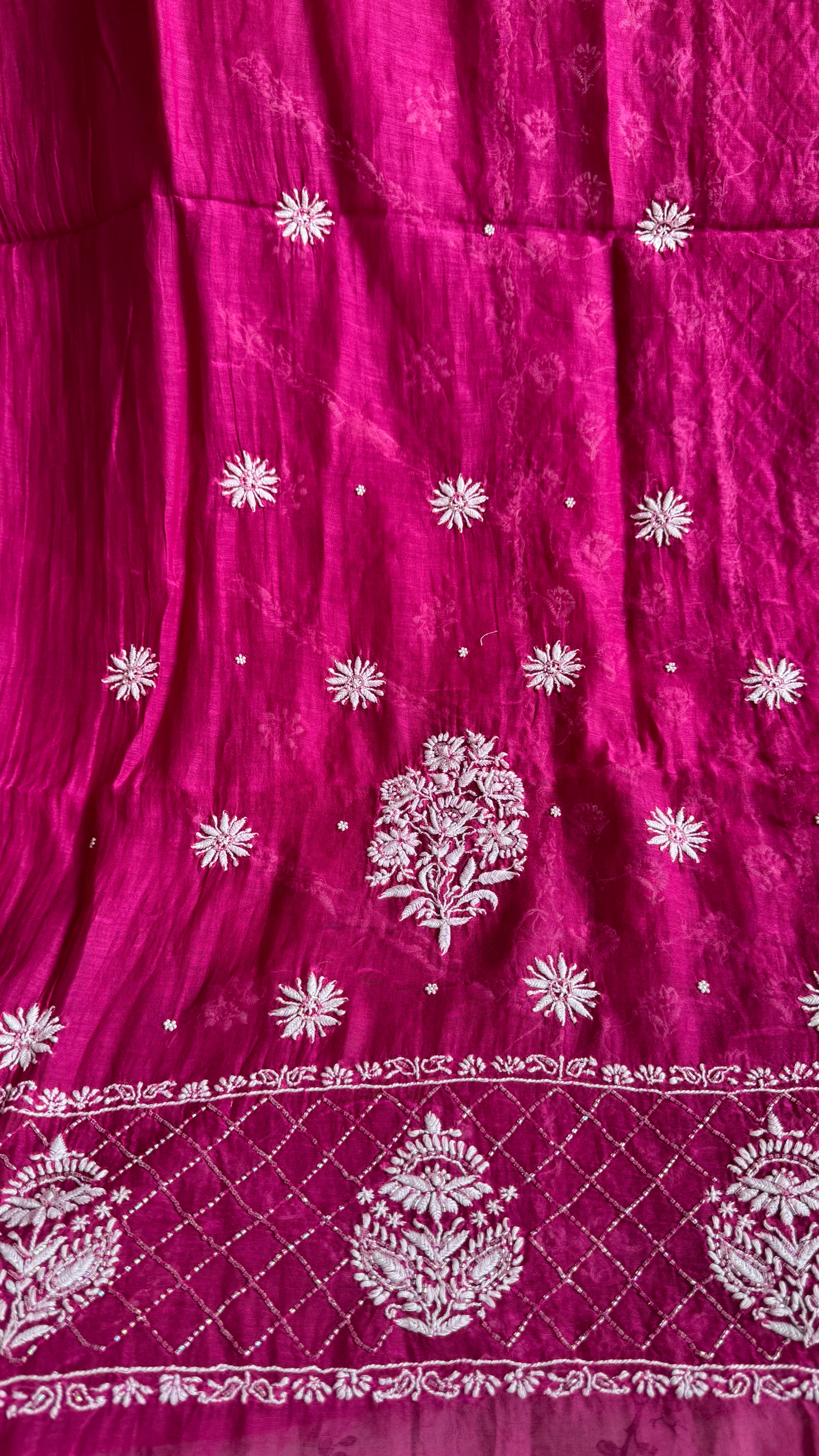 Mul Chanderi Chikankari - Heavy Unstitched Set - Berry Pink