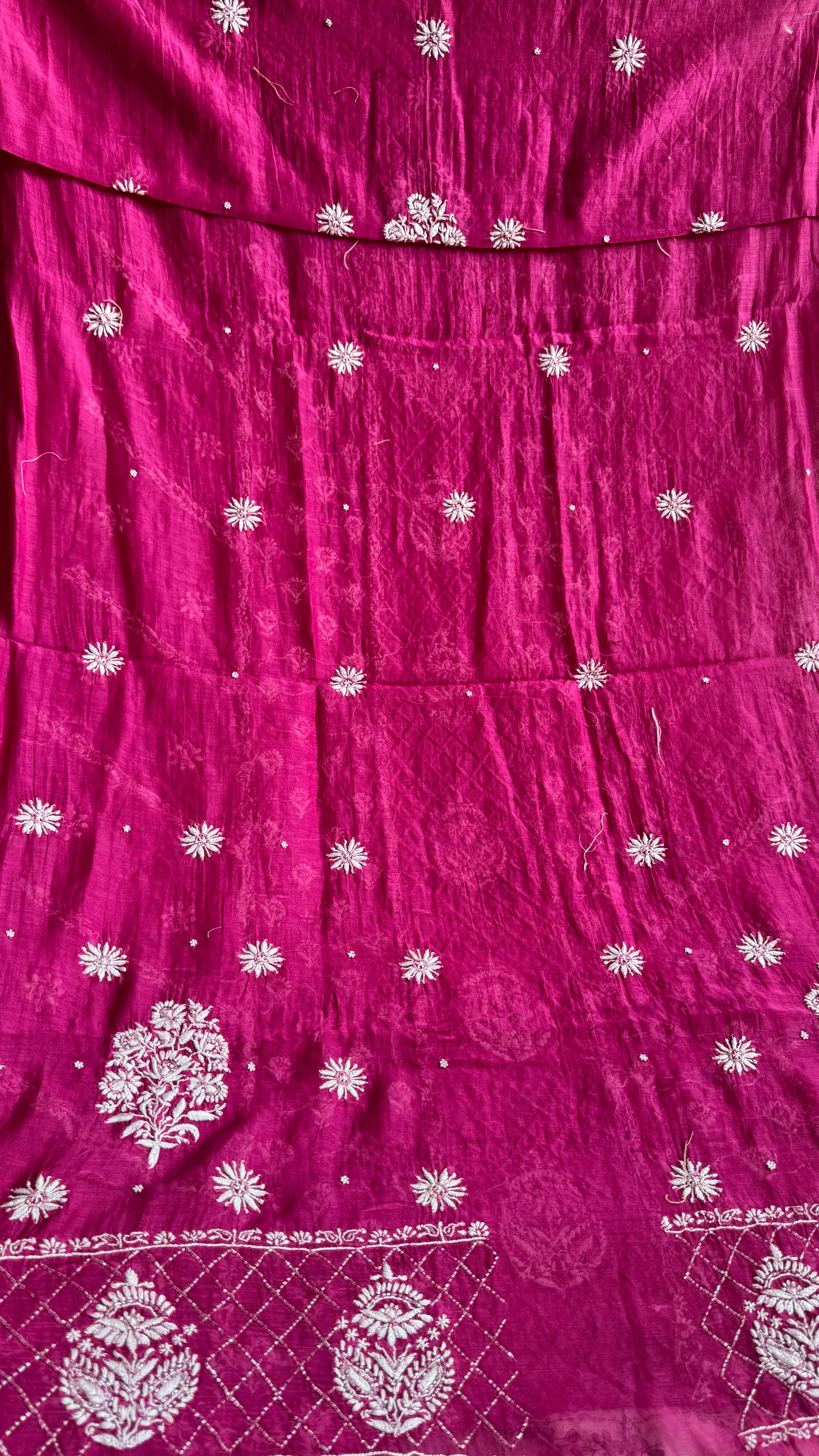 Mul Chanderi Chikankari - Heavy Unstitched Set - Berry Pink
