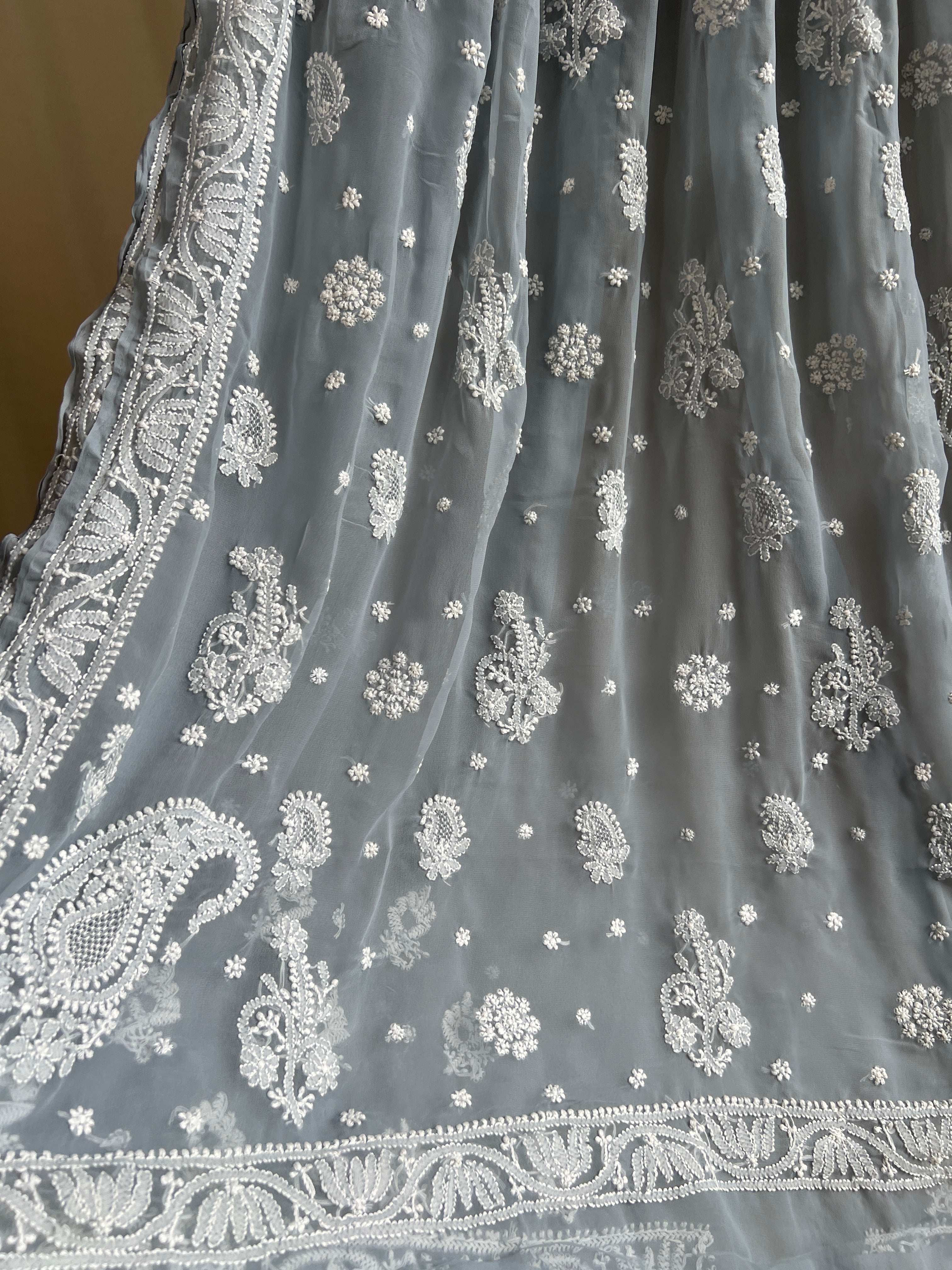 Georgette Chikankari saree in Grey ARIAA CHIKANKARI 