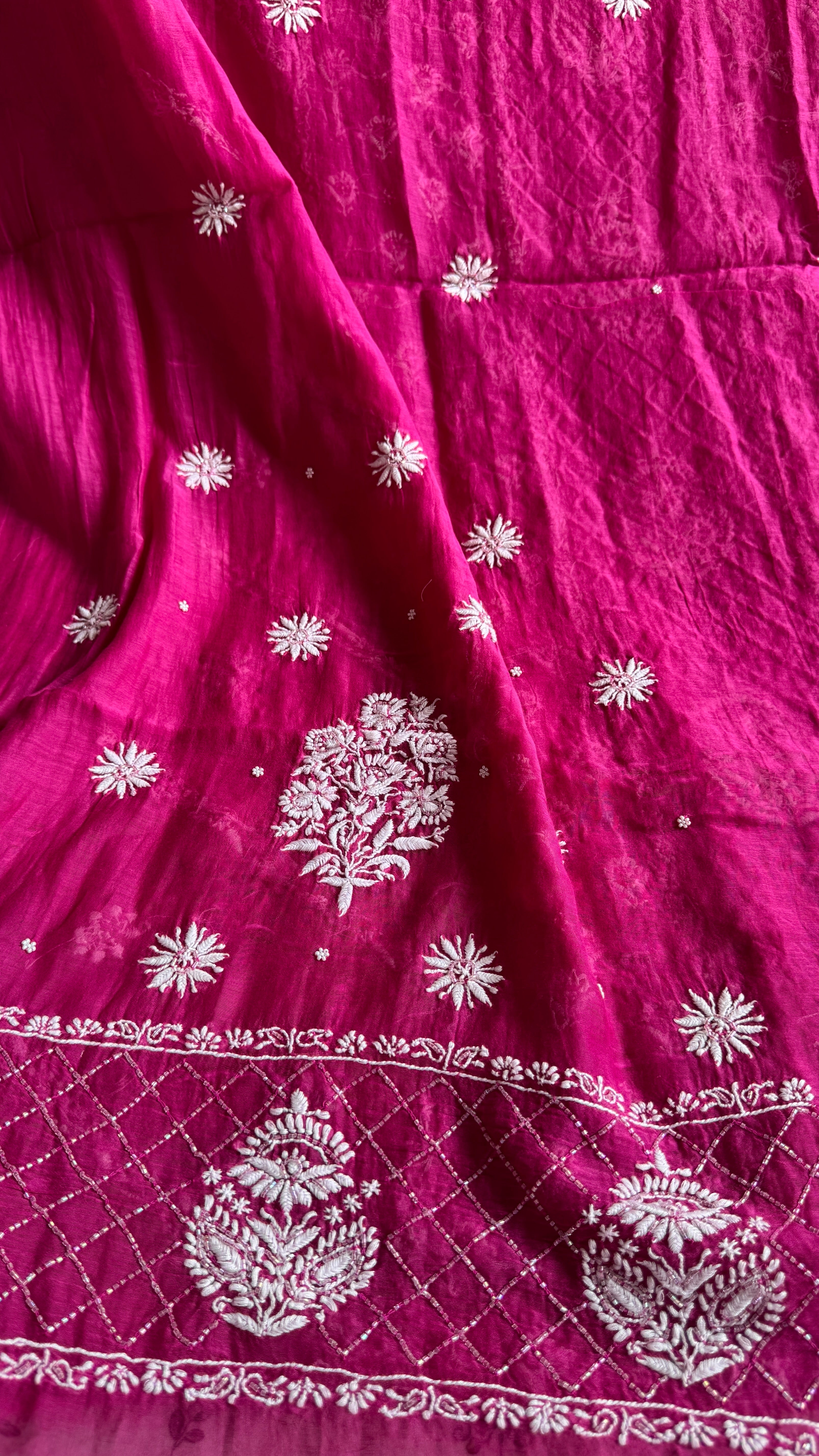Mul Chanderi Chikankari - Heavy Unstitched Set - Berry Pink