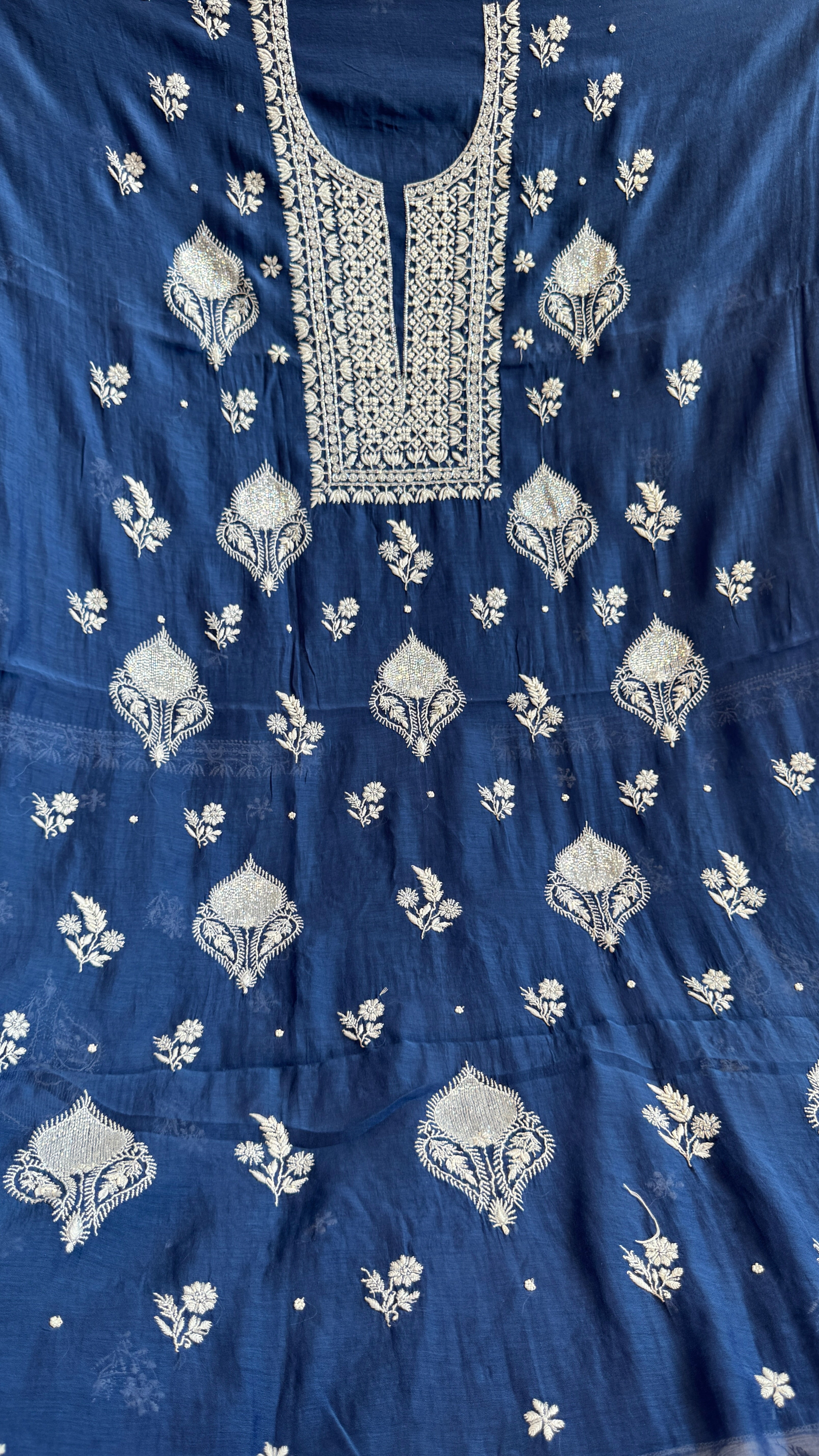 Mul Chanderi Chikankari - Heavy Unstitched Set - Navy Blue