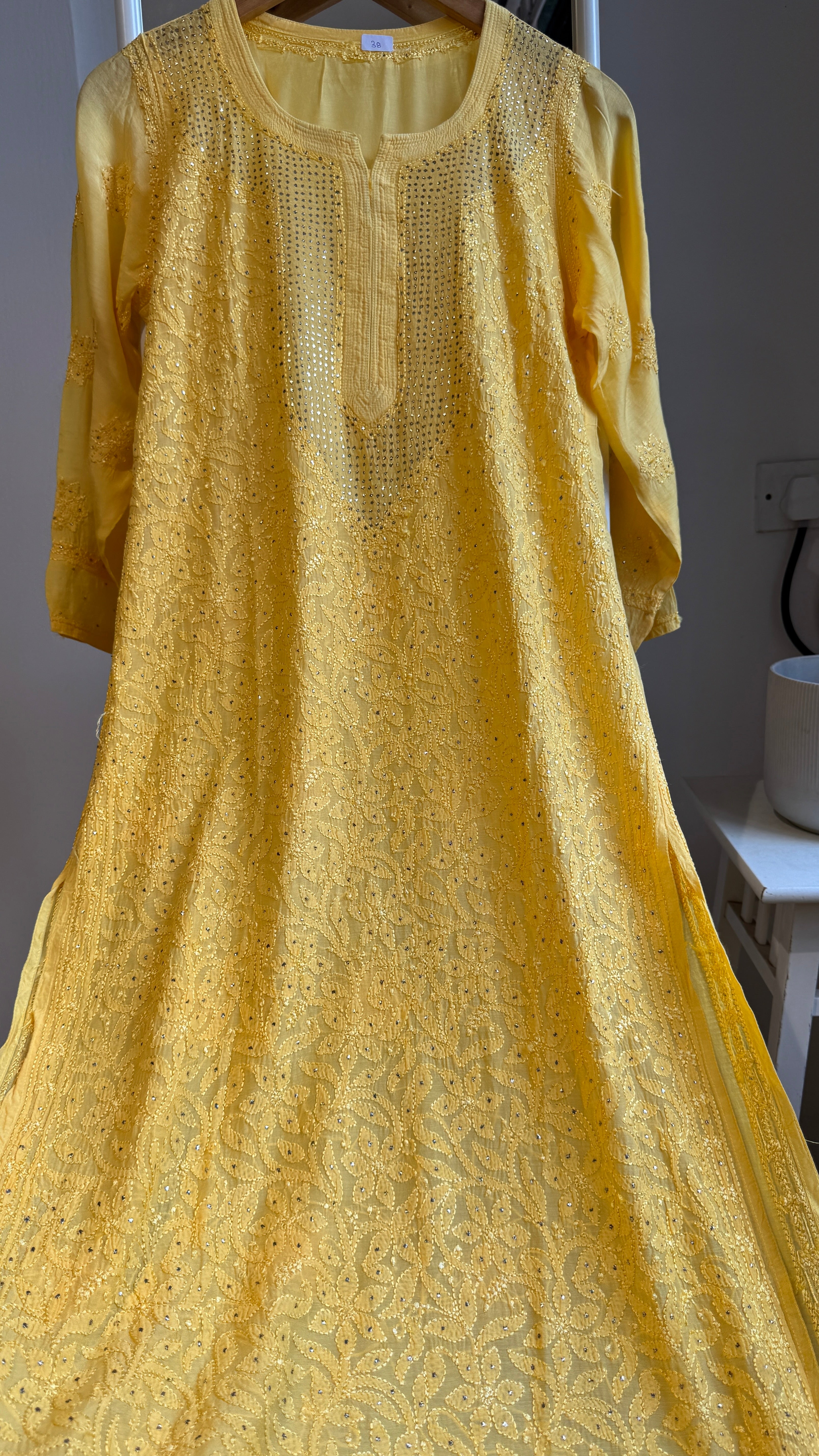 Muslin Chikankari Full Jaal Kurti with Mukaish work - Yellow - Aayat Collection