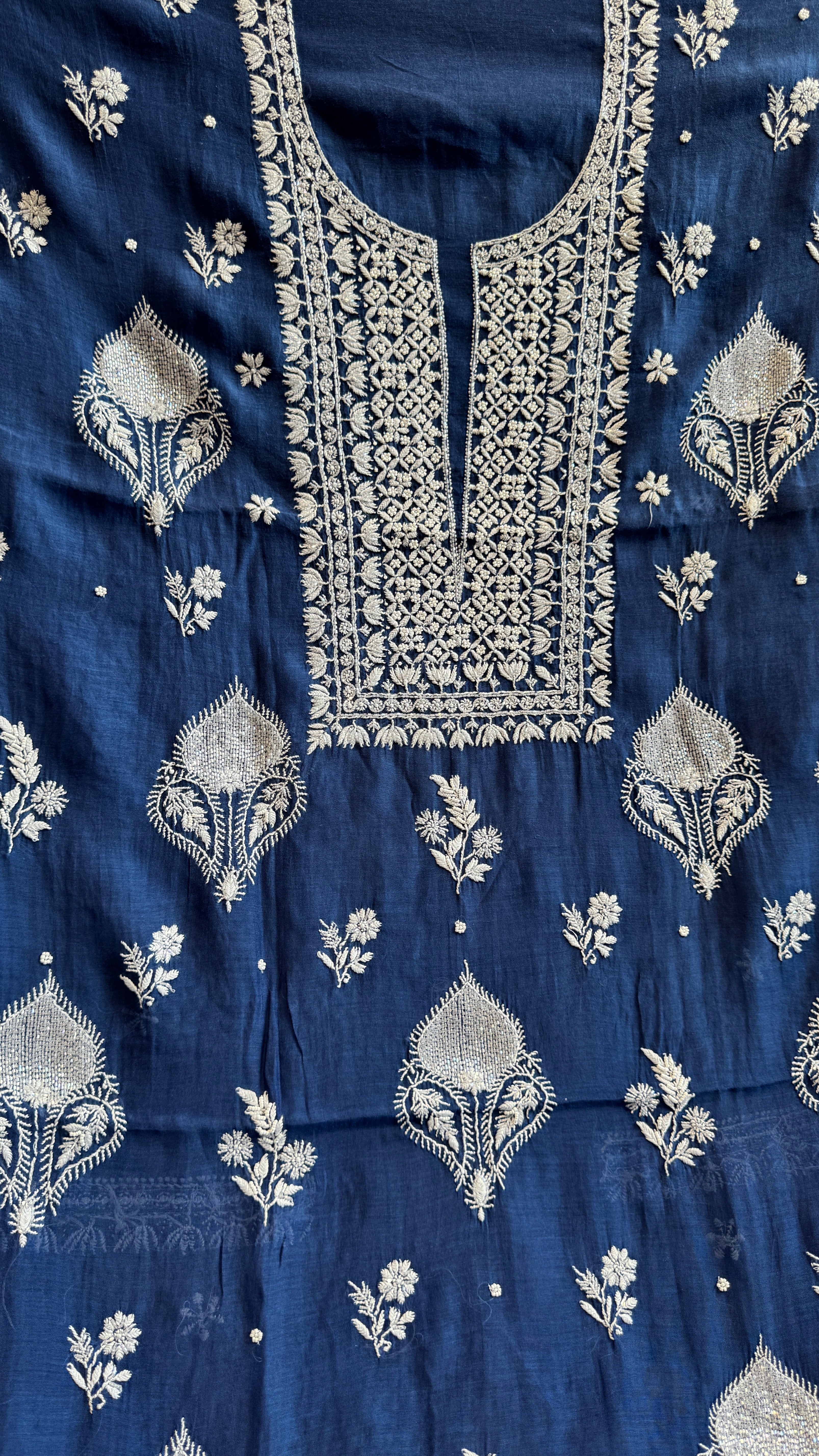 Mul Chanderi Chikankari - Heavy Unstitched Set - Navy Blue