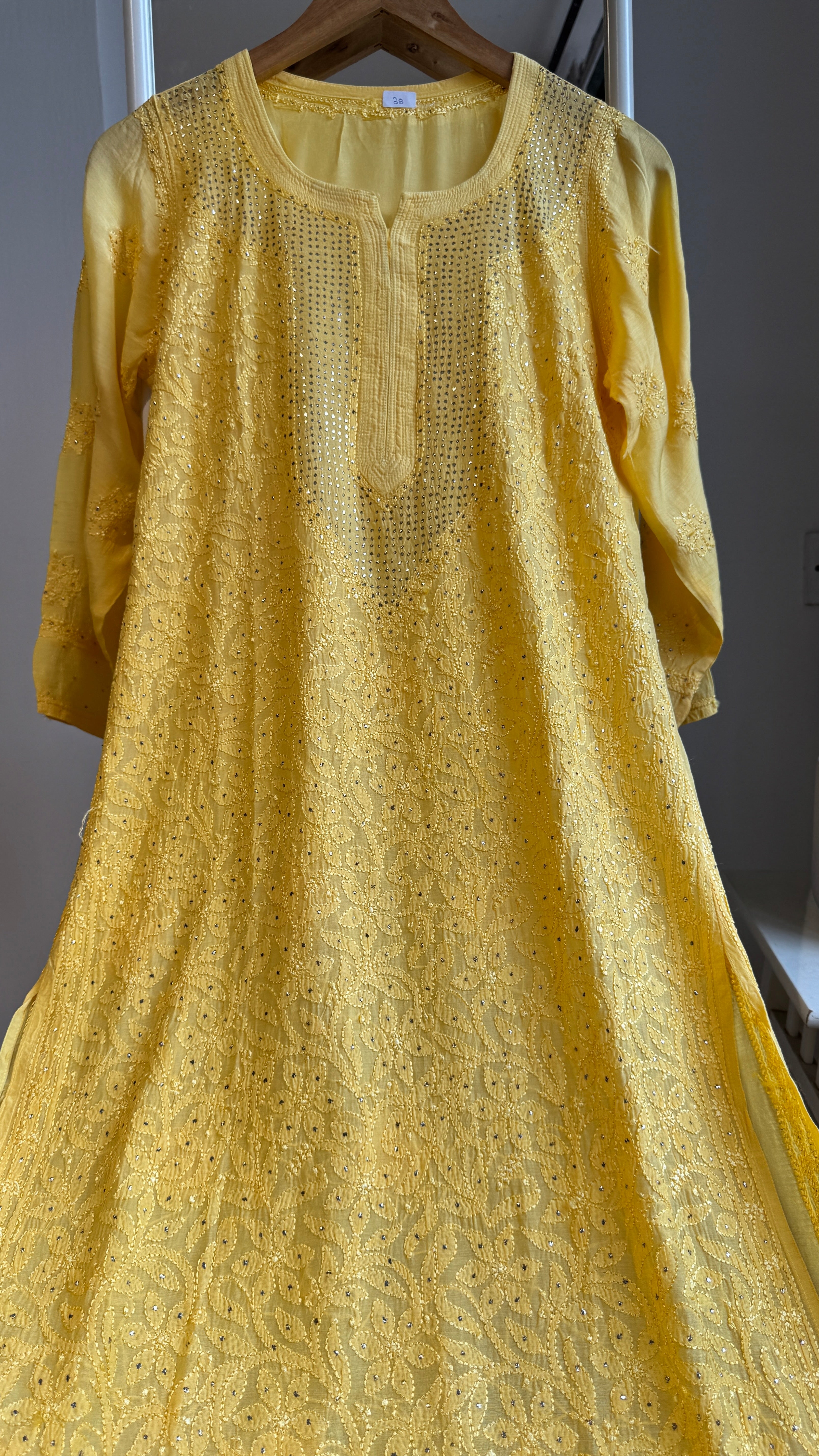 Muslin Chikankari Full Jaal Kurti with Mukaish work - Yellow - Aayat Collection