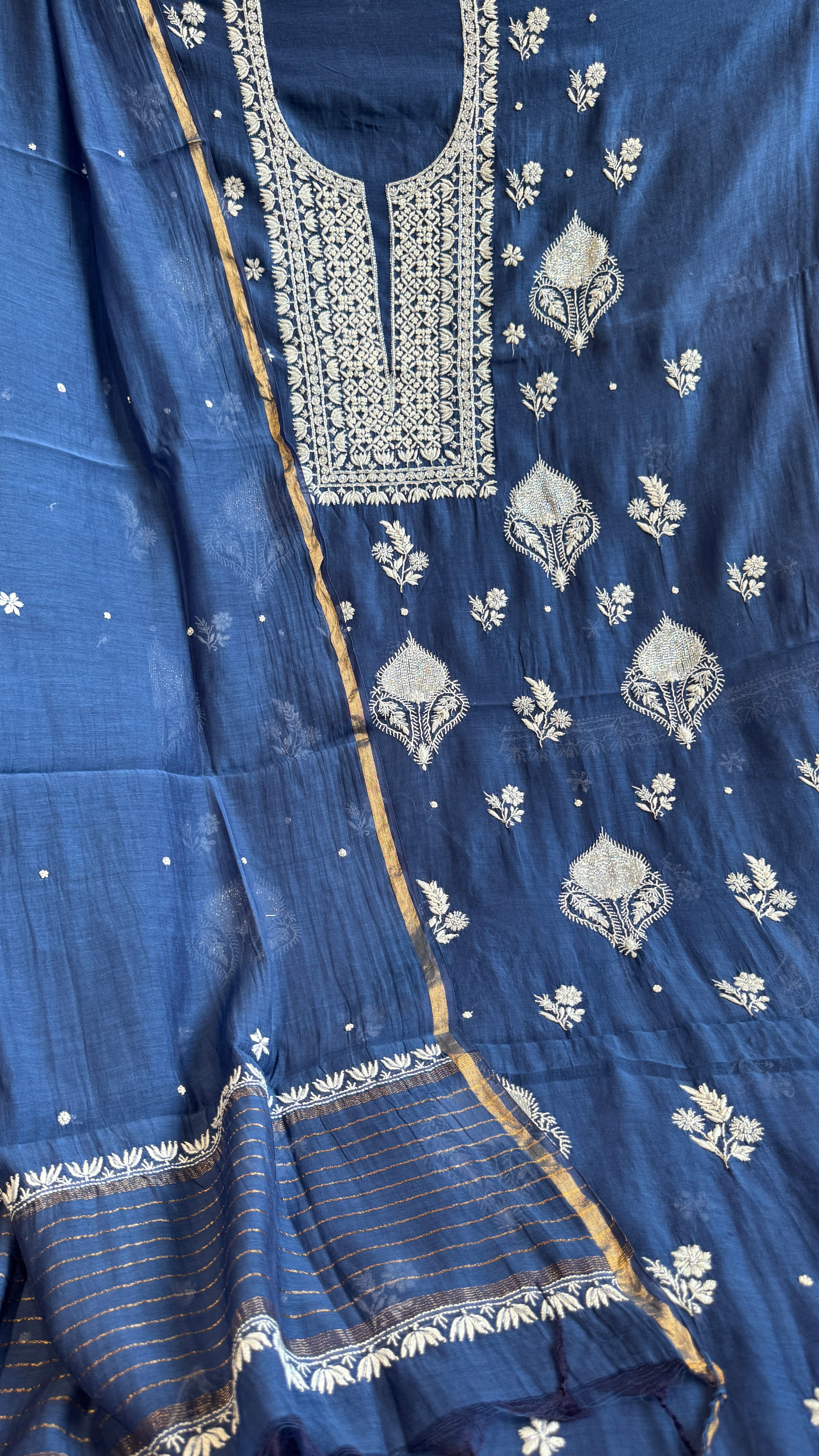 Mul Chanderi Chikankari - Heavy Unstitched Set - Navy Blue