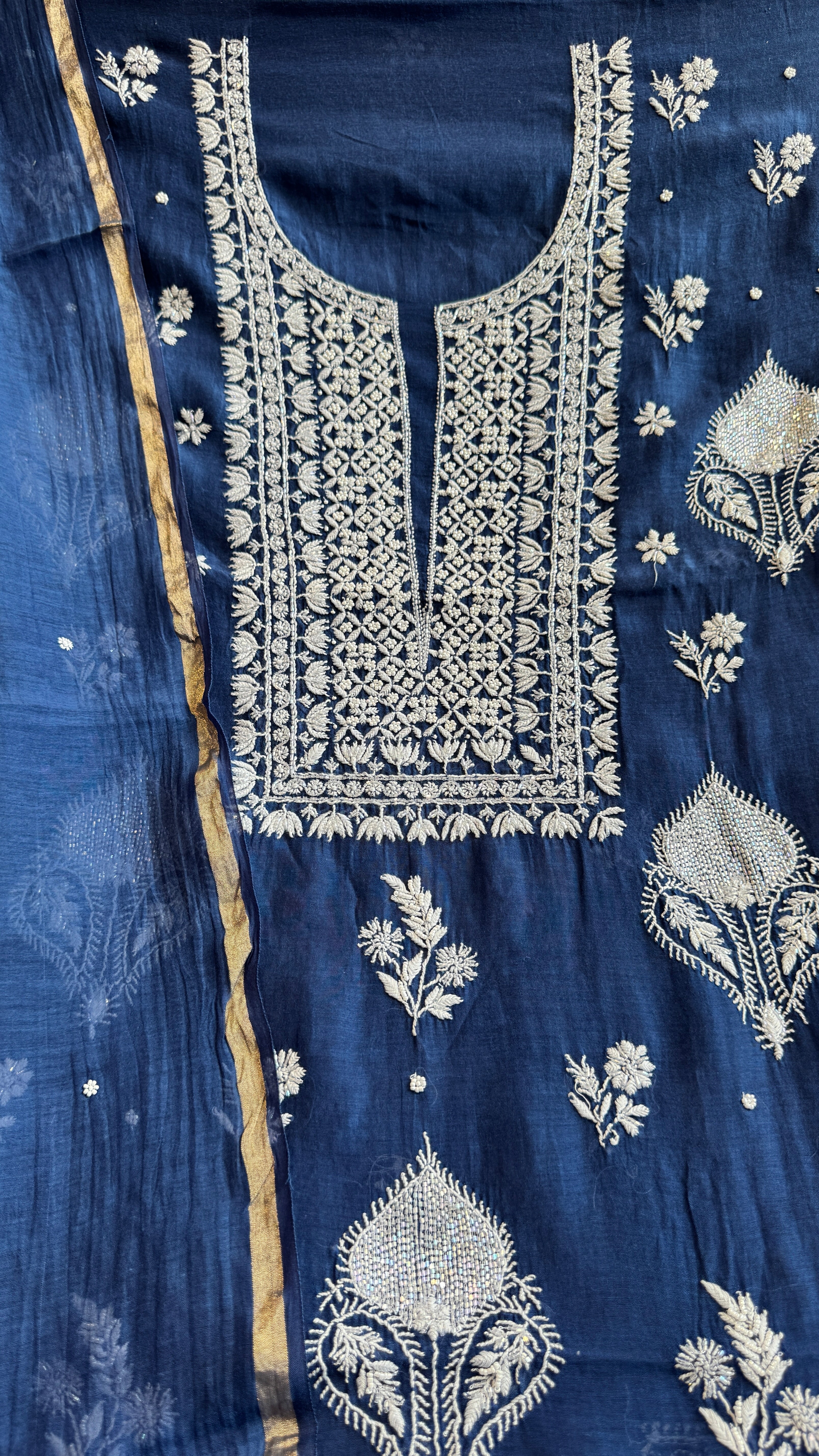 Mul Chanderi Chikankari - Heavy Unstitched Set - Navy Blue