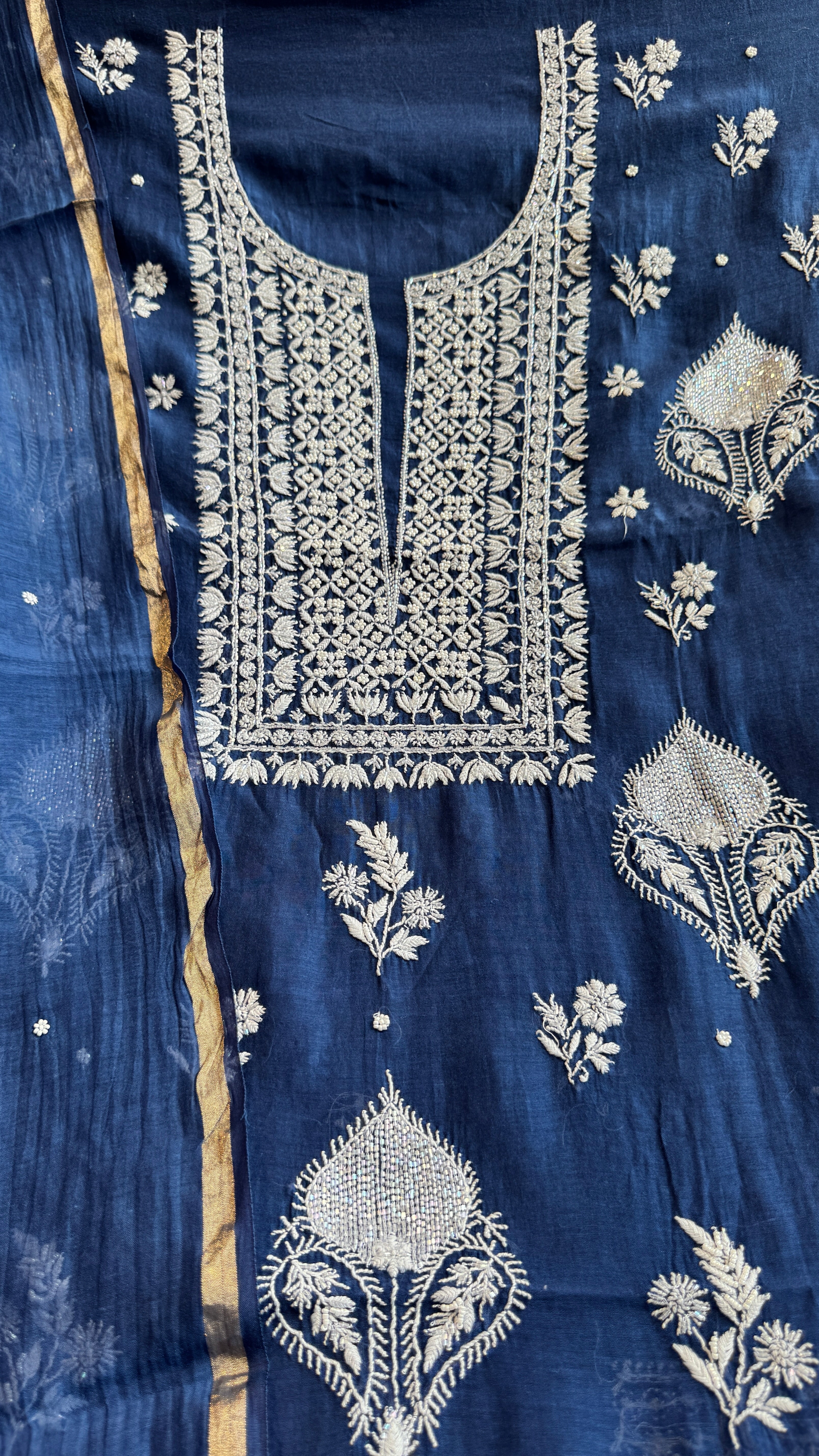 Mul Chanderi Chikankari - Heavy Unstitched Set - Navy Blue