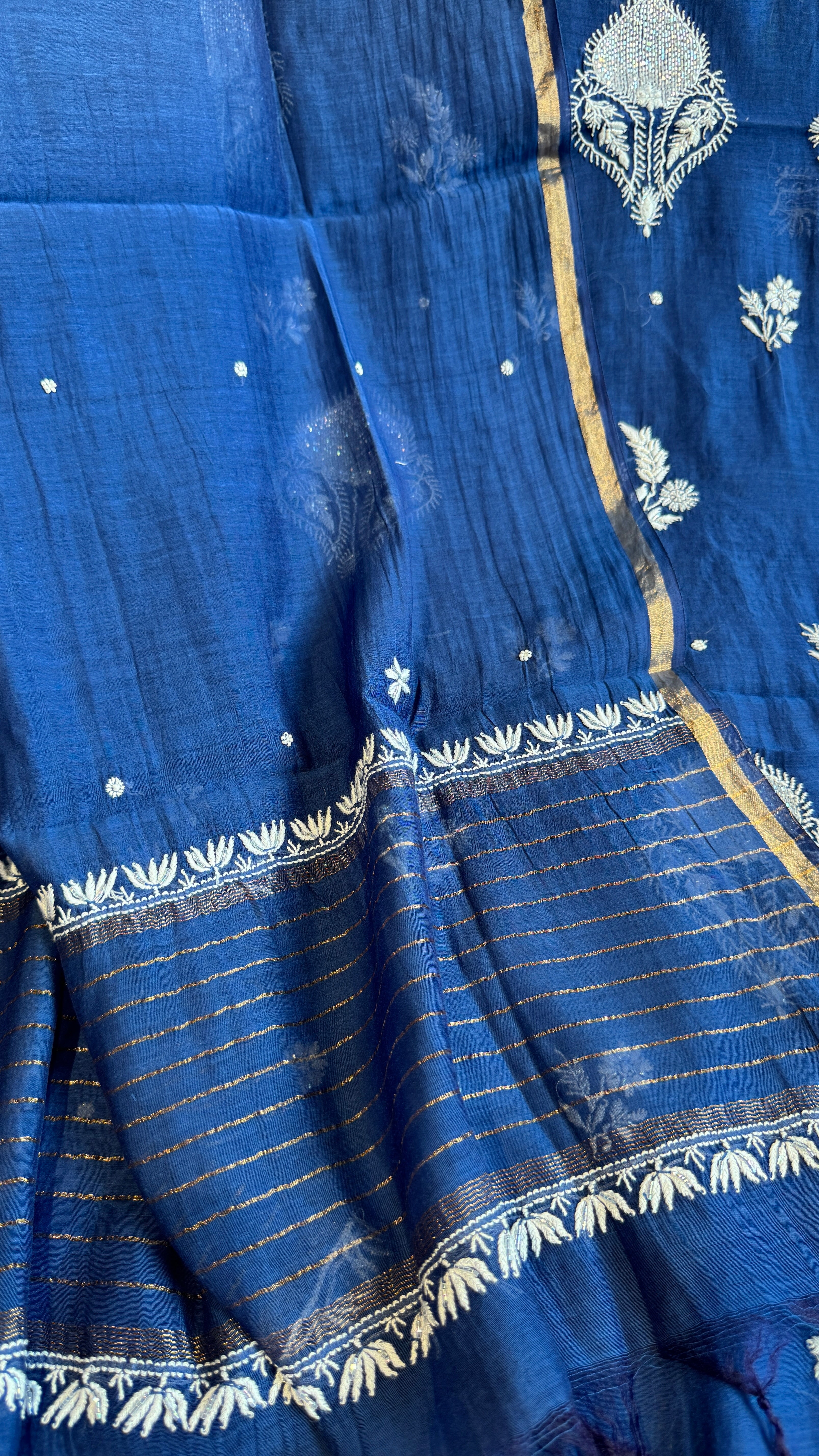 Mul Chanderi Chikankari - Heavy Unstitched Set - Navy Blue