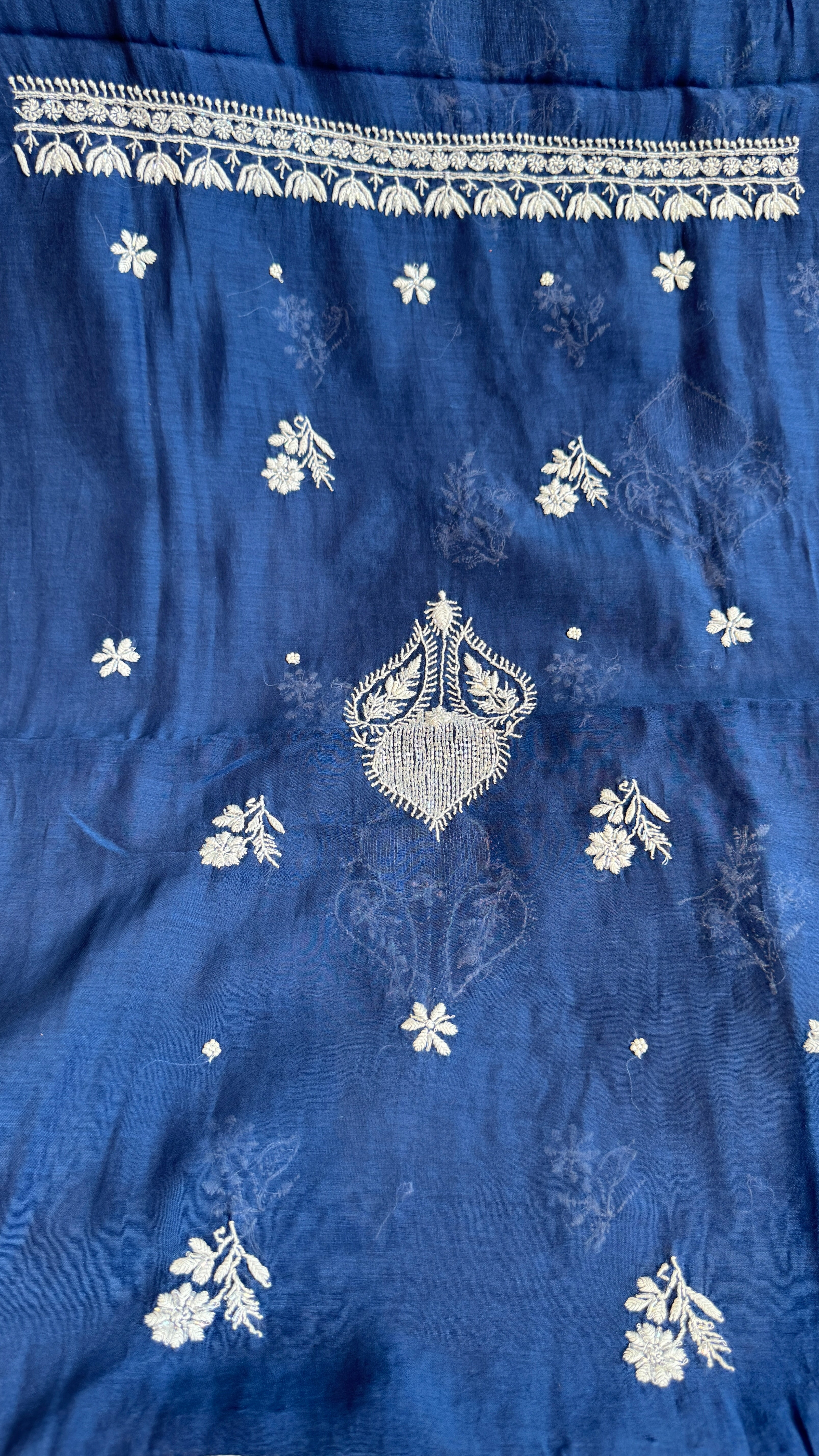 Mul Chanderi Chikankari - Heavy Unstitched Set - Navy Blue