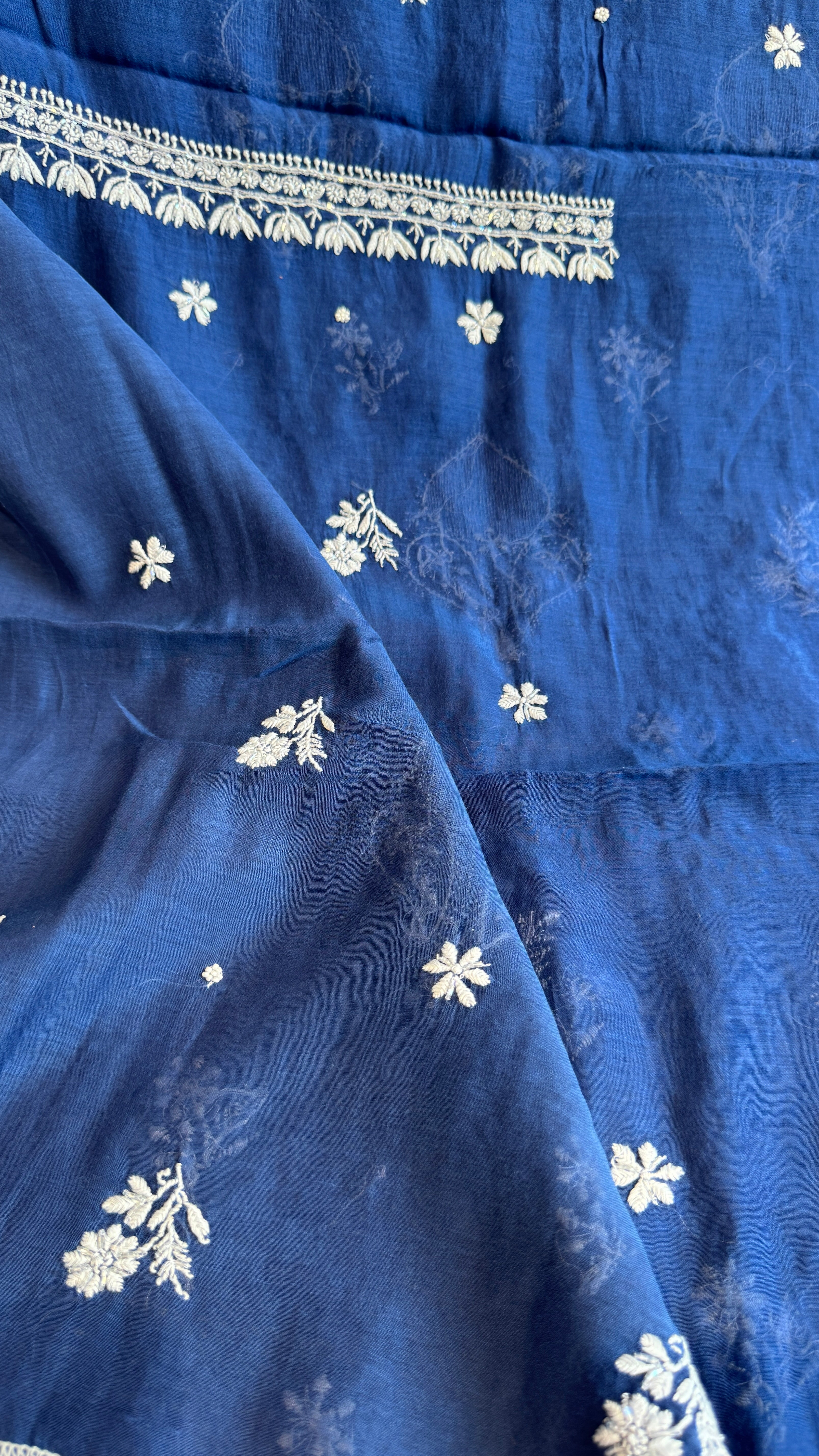 Mul Chanderi Chikankari - Heavy Unstitched Set - Navy Blue