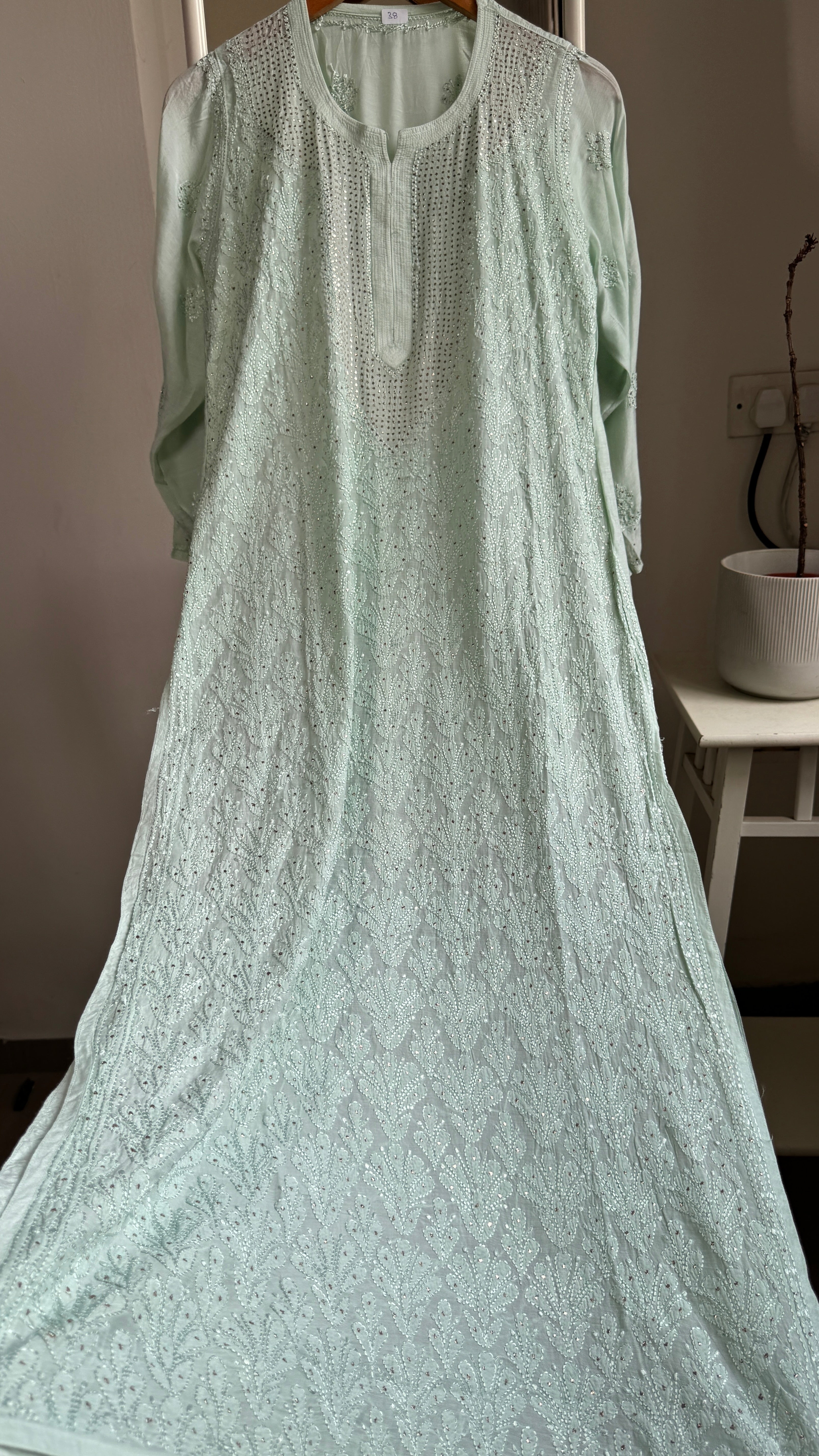 Muslin Chikankari Full Jaal Kurti with Mukaish work - Pistachio Green - Aayat Collection