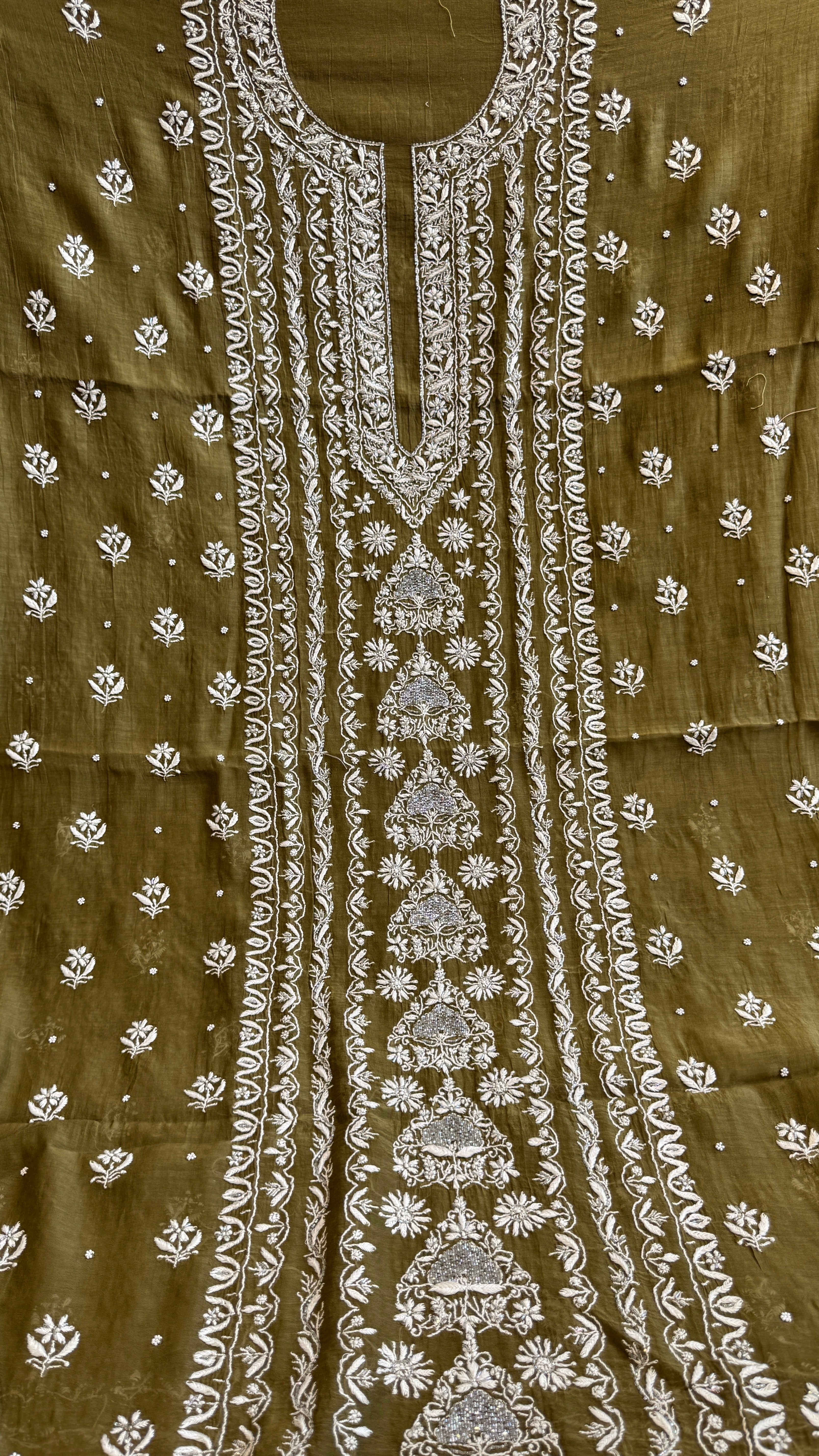 Mul Chanderi Chikankari - Heavy Unstitched Set - Mehandi Green