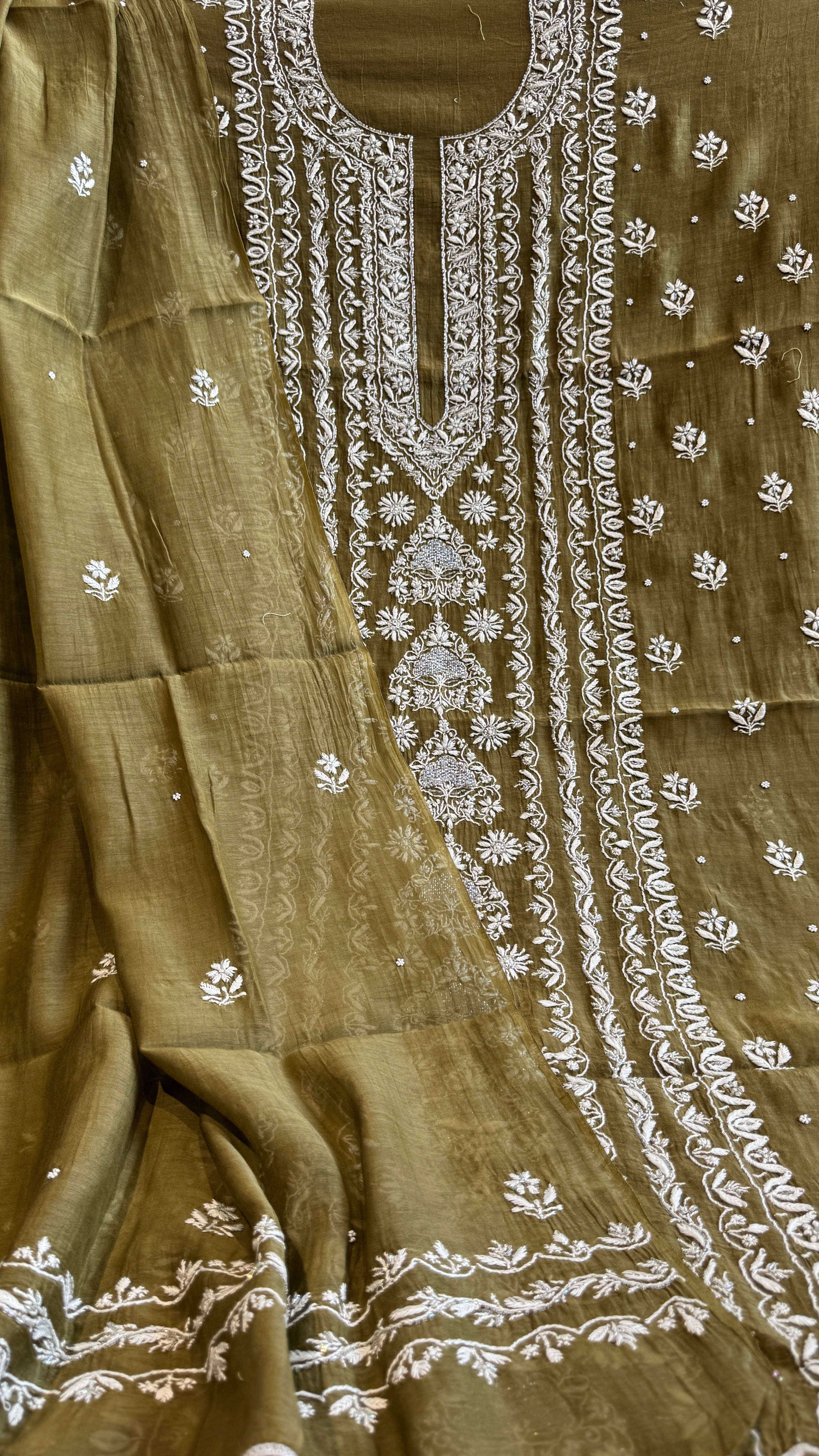 Mul Chanderi Chikankari - Heavy Unstitched Set - Mehandi Green