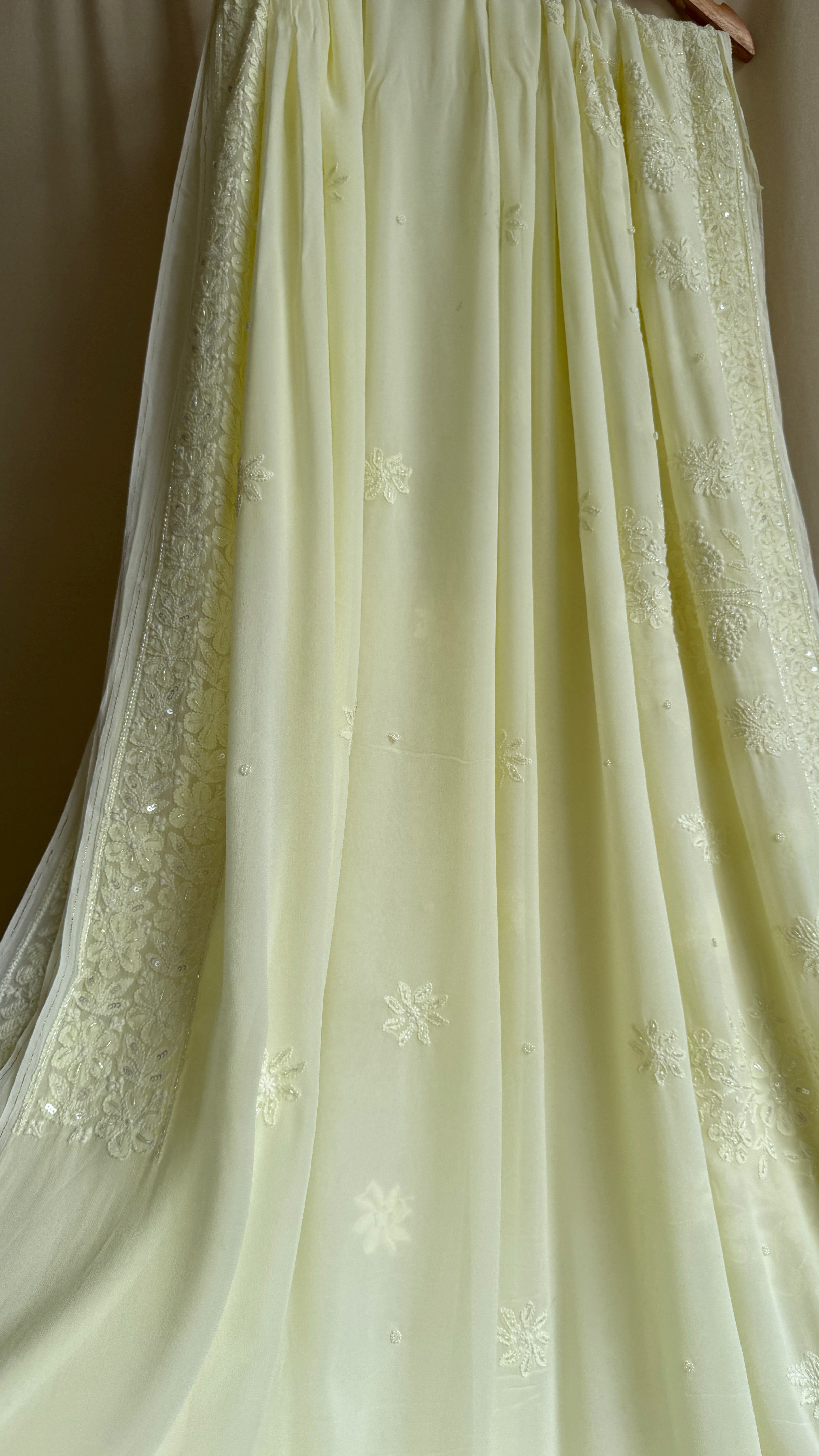 Viscose Chikankari saree with Pearl embellishments - Lemon Yellow