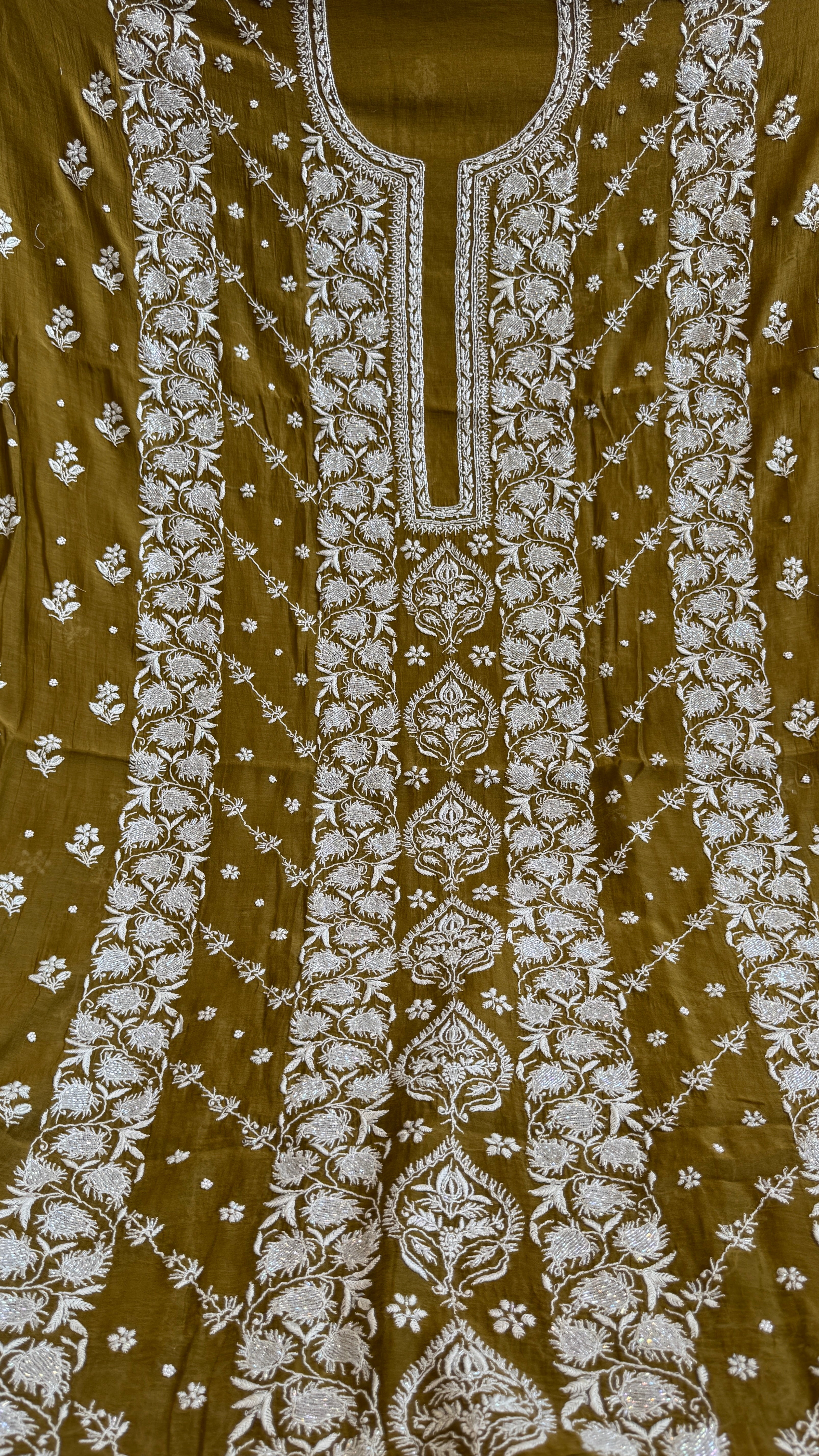 Mul Chanderi Chikankari - Heavy Unstitched Set - Mehandi Green