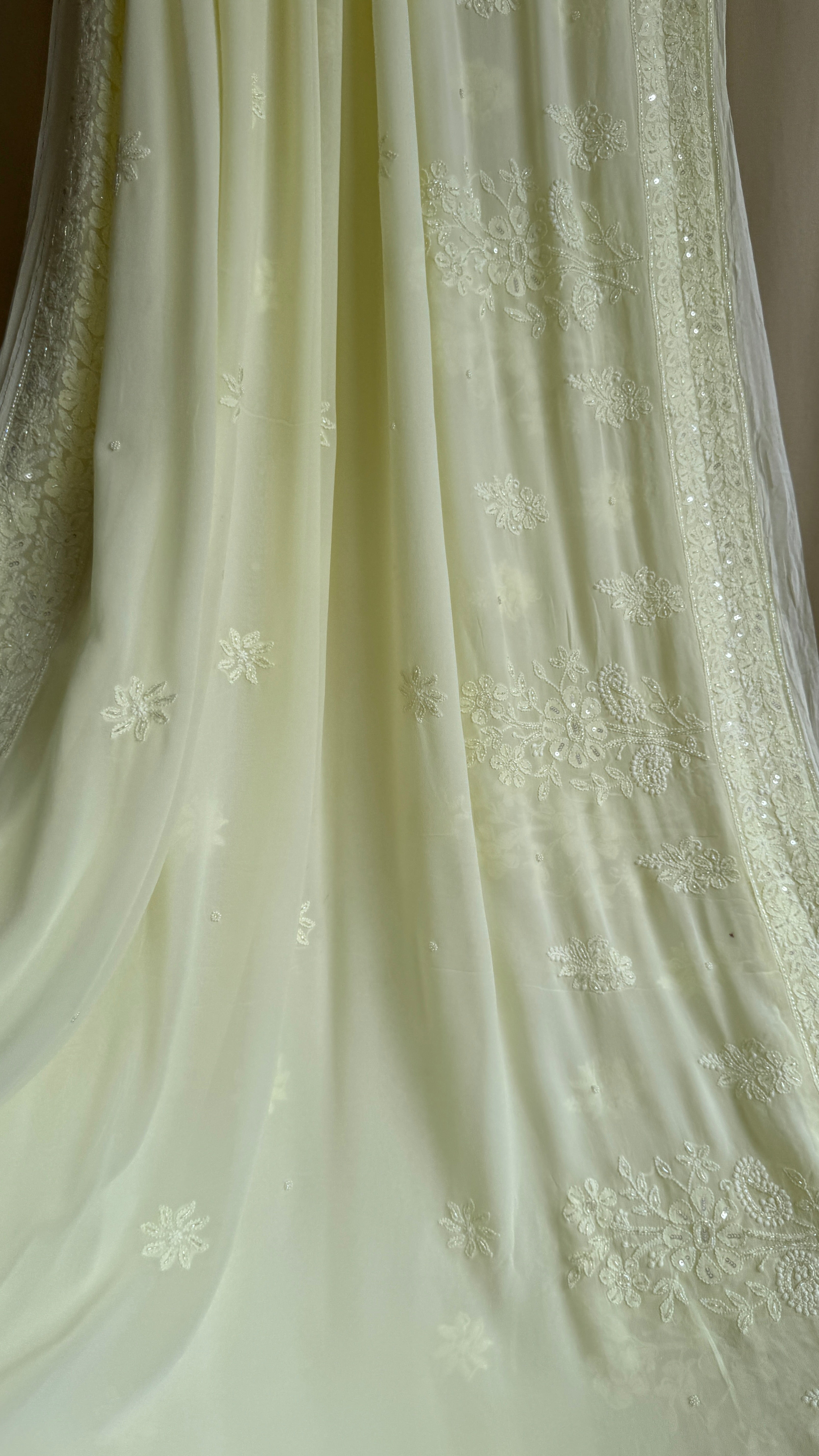 Viscose Chikankari saree with Pearl embellishments - Lemon Yellow