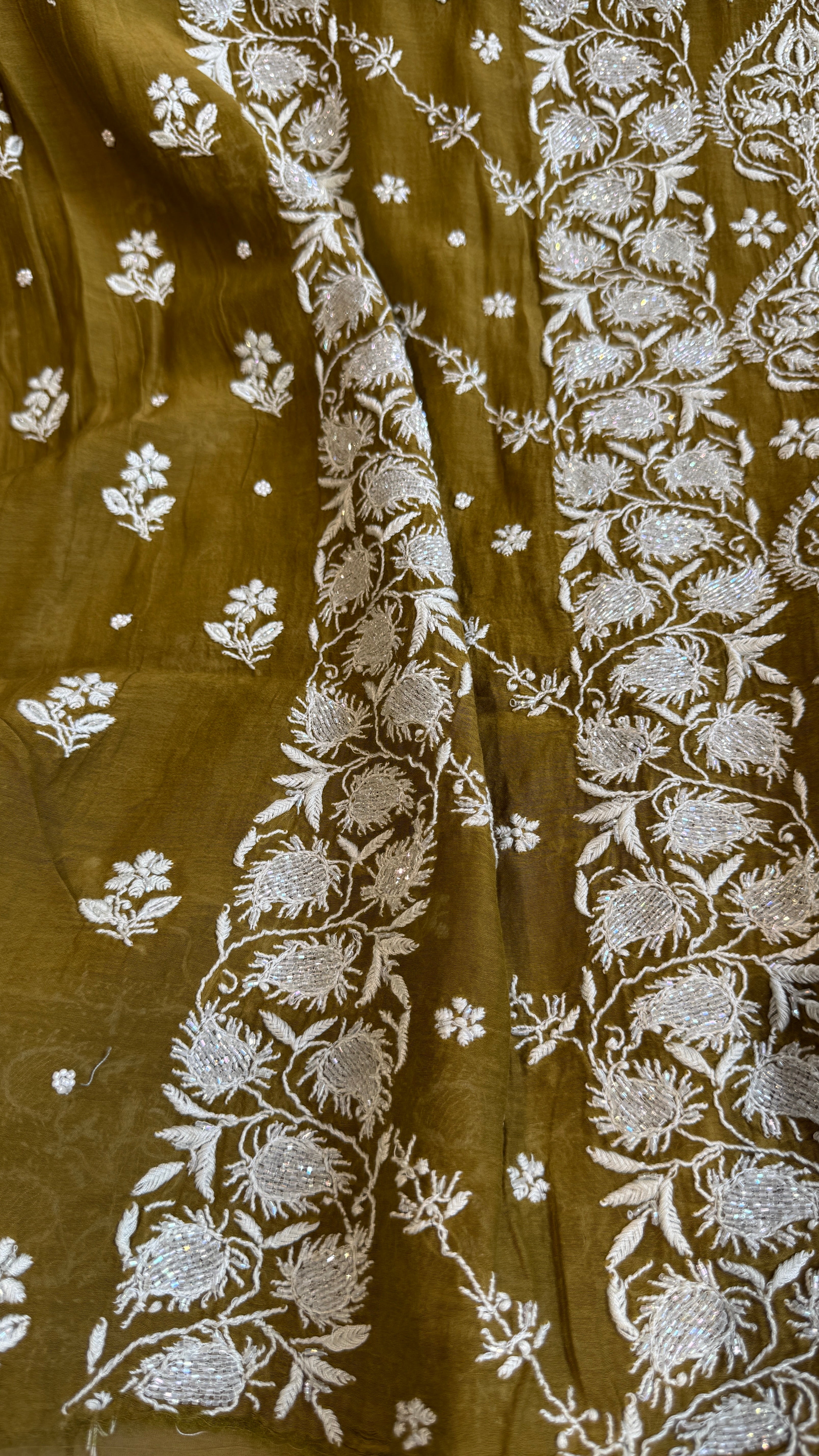 Mul Chanderi Chikankari - Heavy Unstitched Set - Mehandi Green