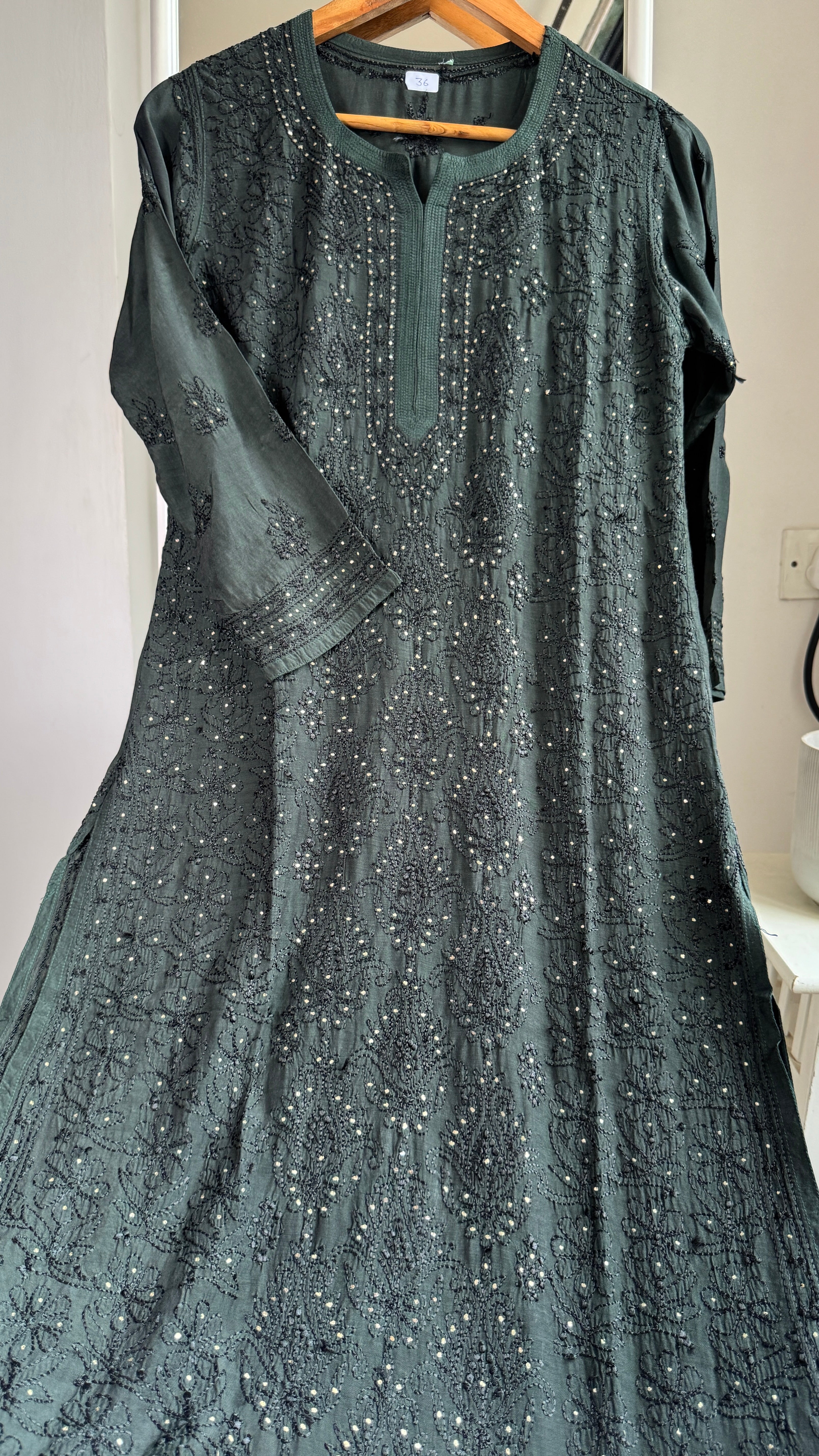 Muslin Chikankari Full Jaal Kurti with Mukaish work - Dark Pine Green - Aayat Collection