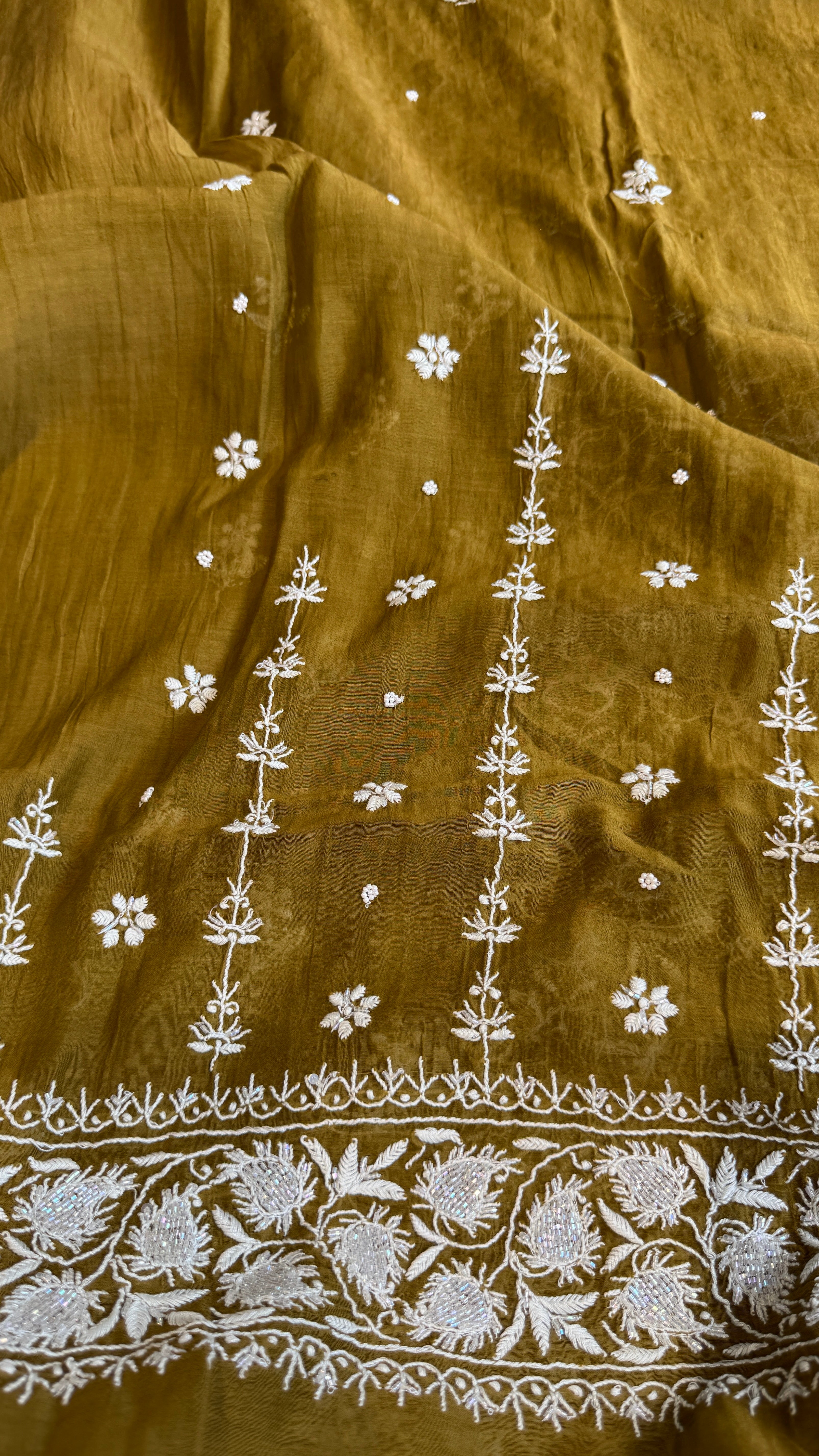 Mul Chanderi Chikankari - Heavy Unstitched Set - Mehandi Green