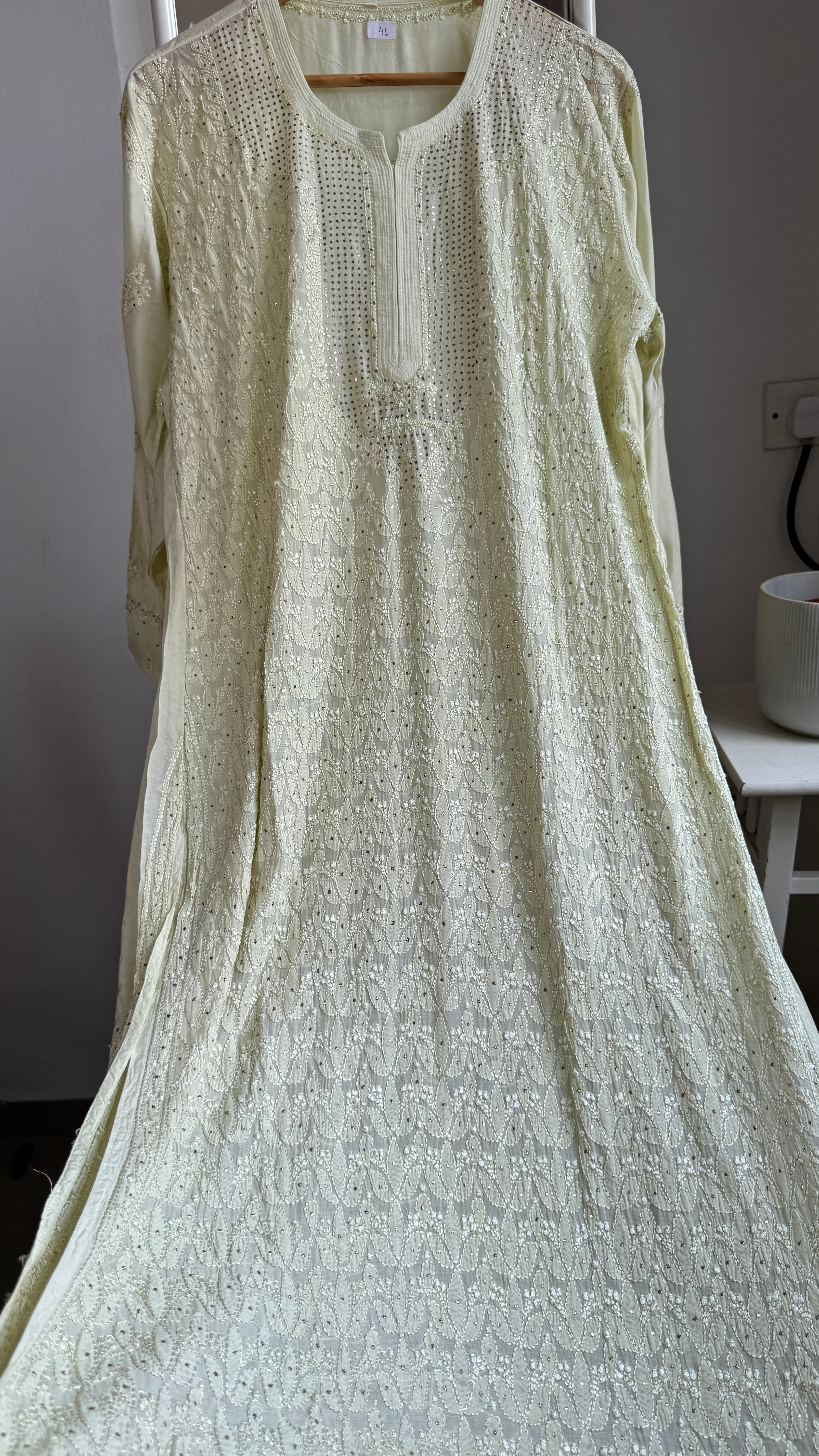 Muslin Chikankari Full Jaal Kurti with Mukaish work - Light Sheen Green - Aayat Collection