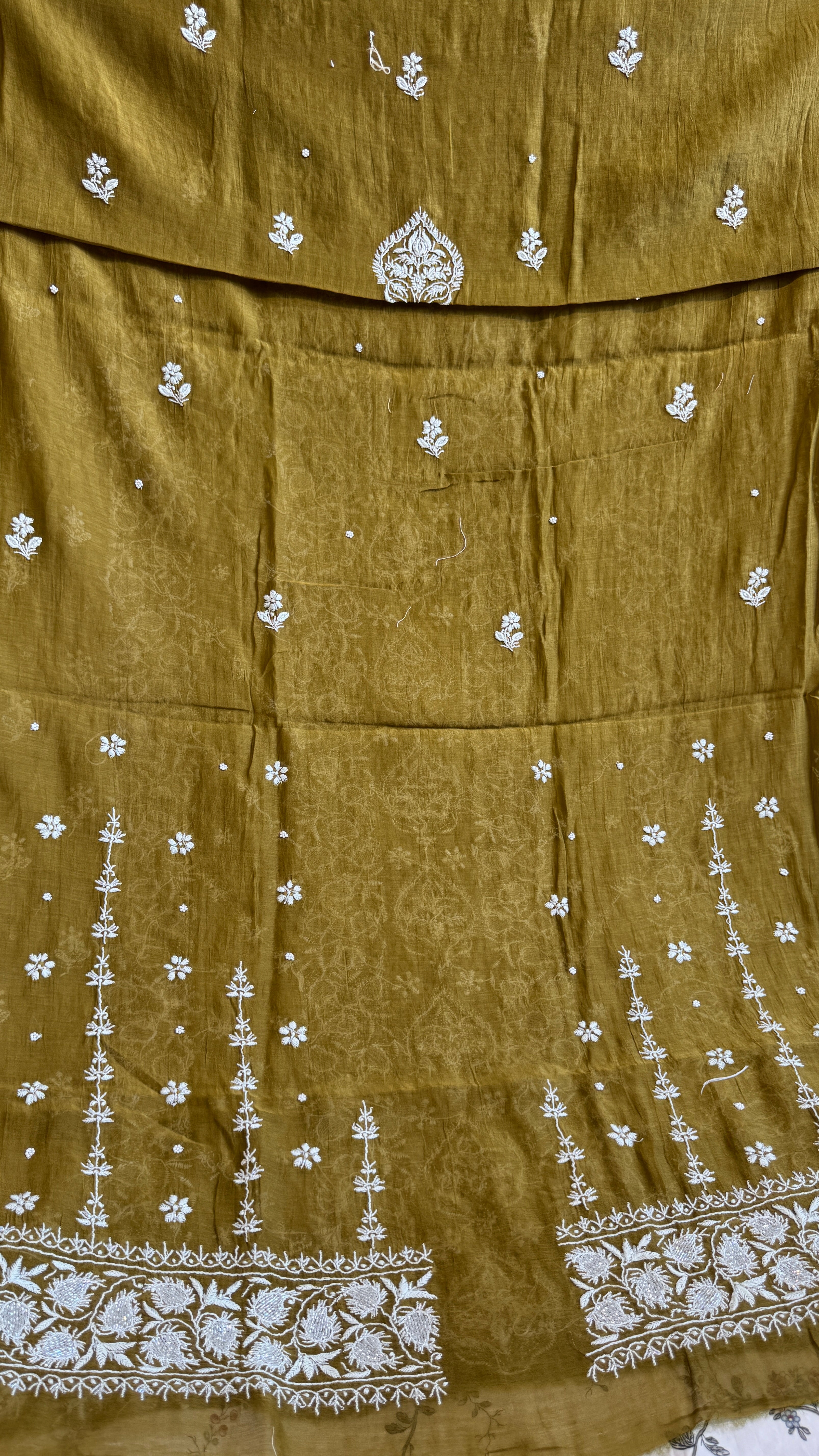 Mul Chanderi Chikankari - Heavy Unstitched Set - Mehandi Green