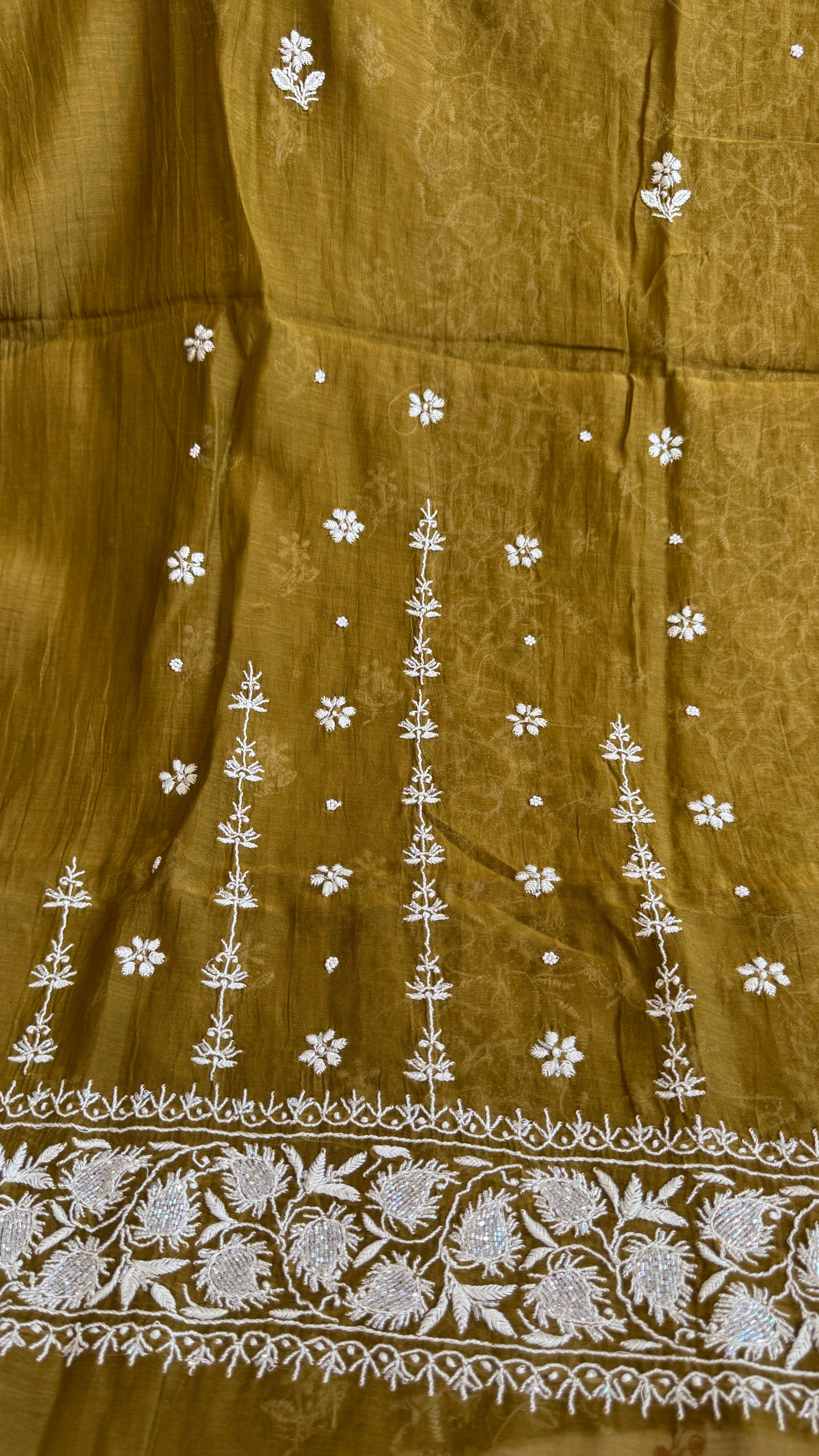 Mul Chanderi Chikankari - Heavy Unstitched Set - Mehandi Green