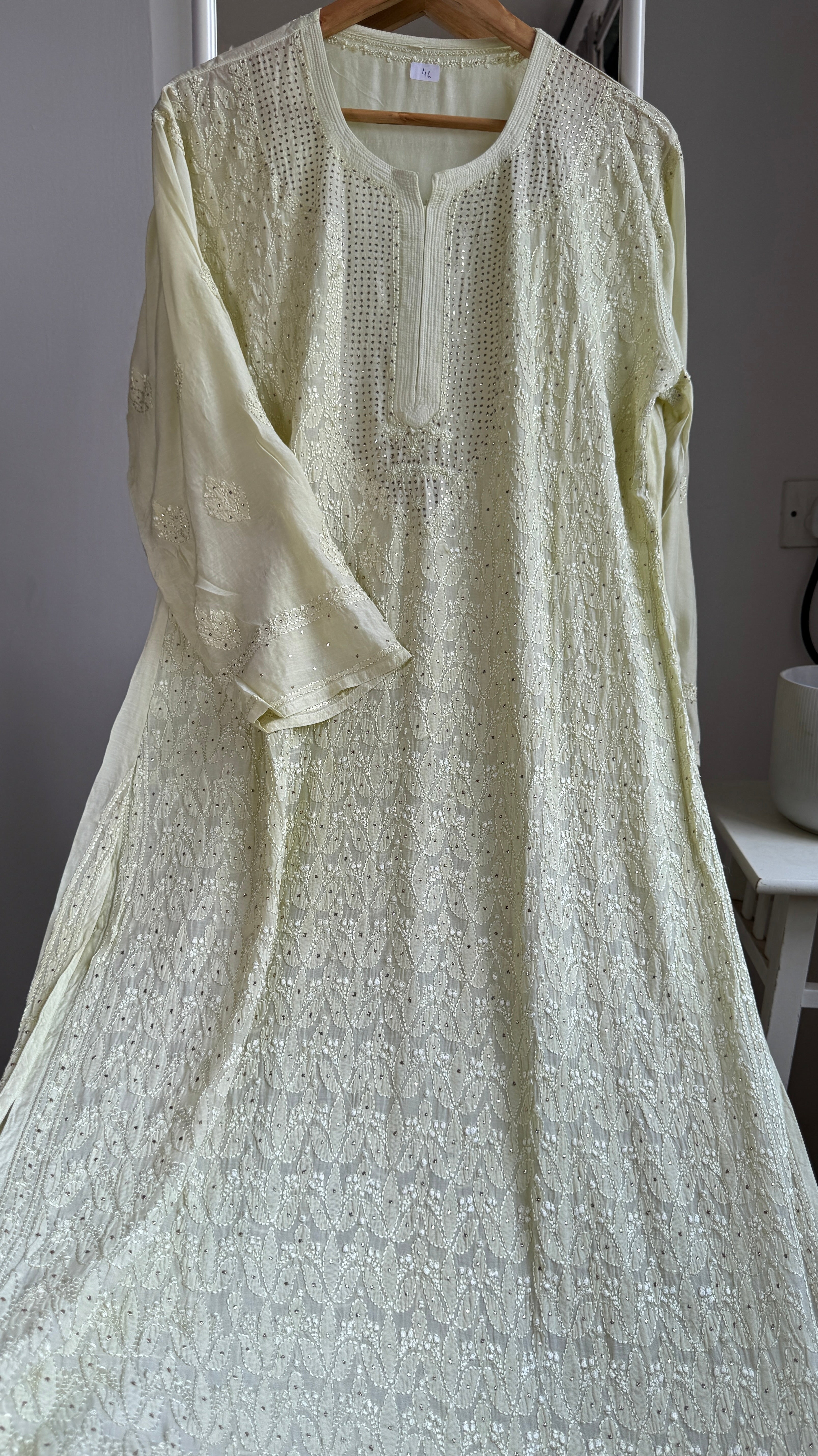 Muslin Chikankari Full Jaal Kurti with Mukaish work - Light Sheen Green - Aayat Collection